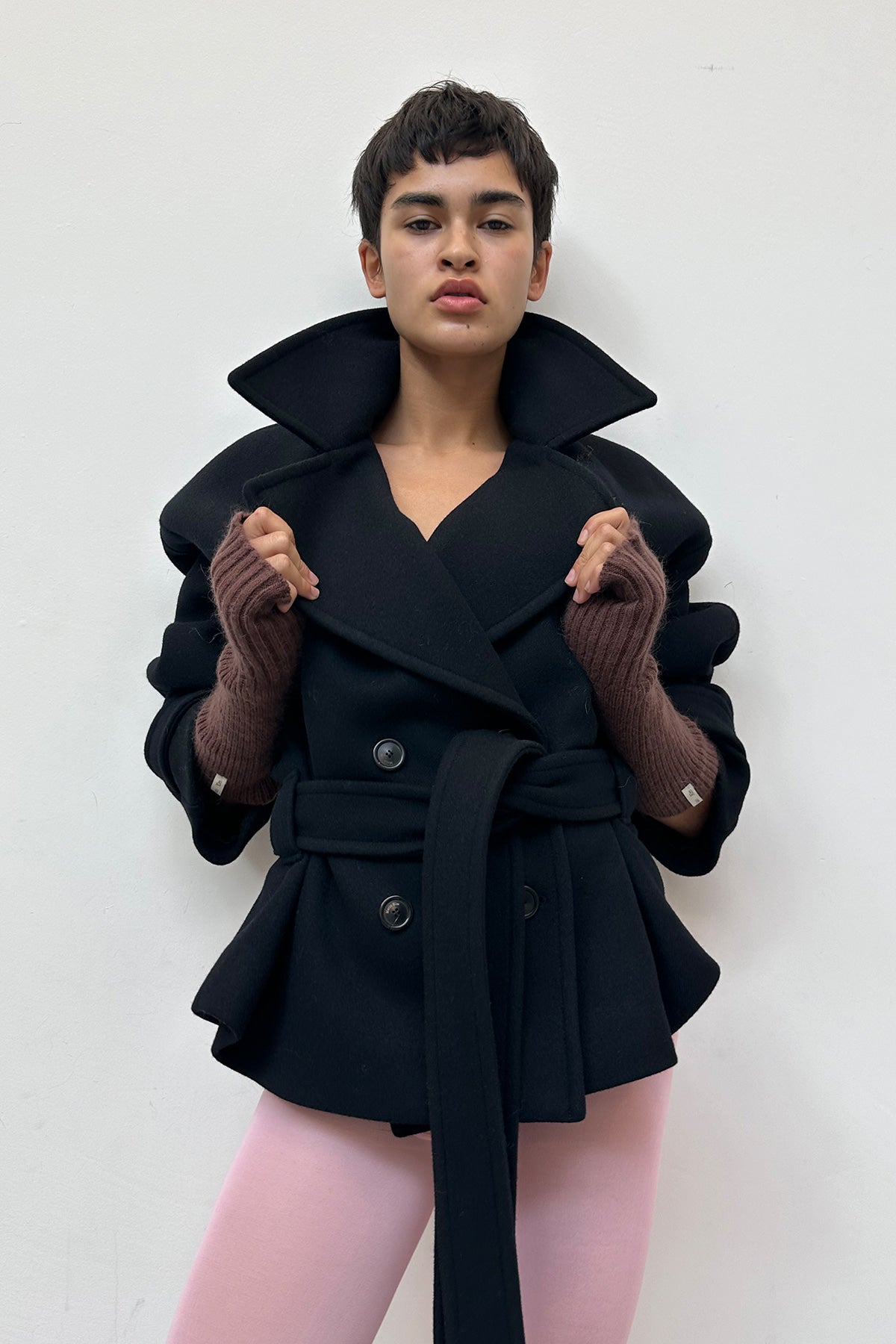 Matin Kim - Belted Big Lapel Double Short Coat (Dark Navy) product image 8 | TRAB K-Fashion Australia