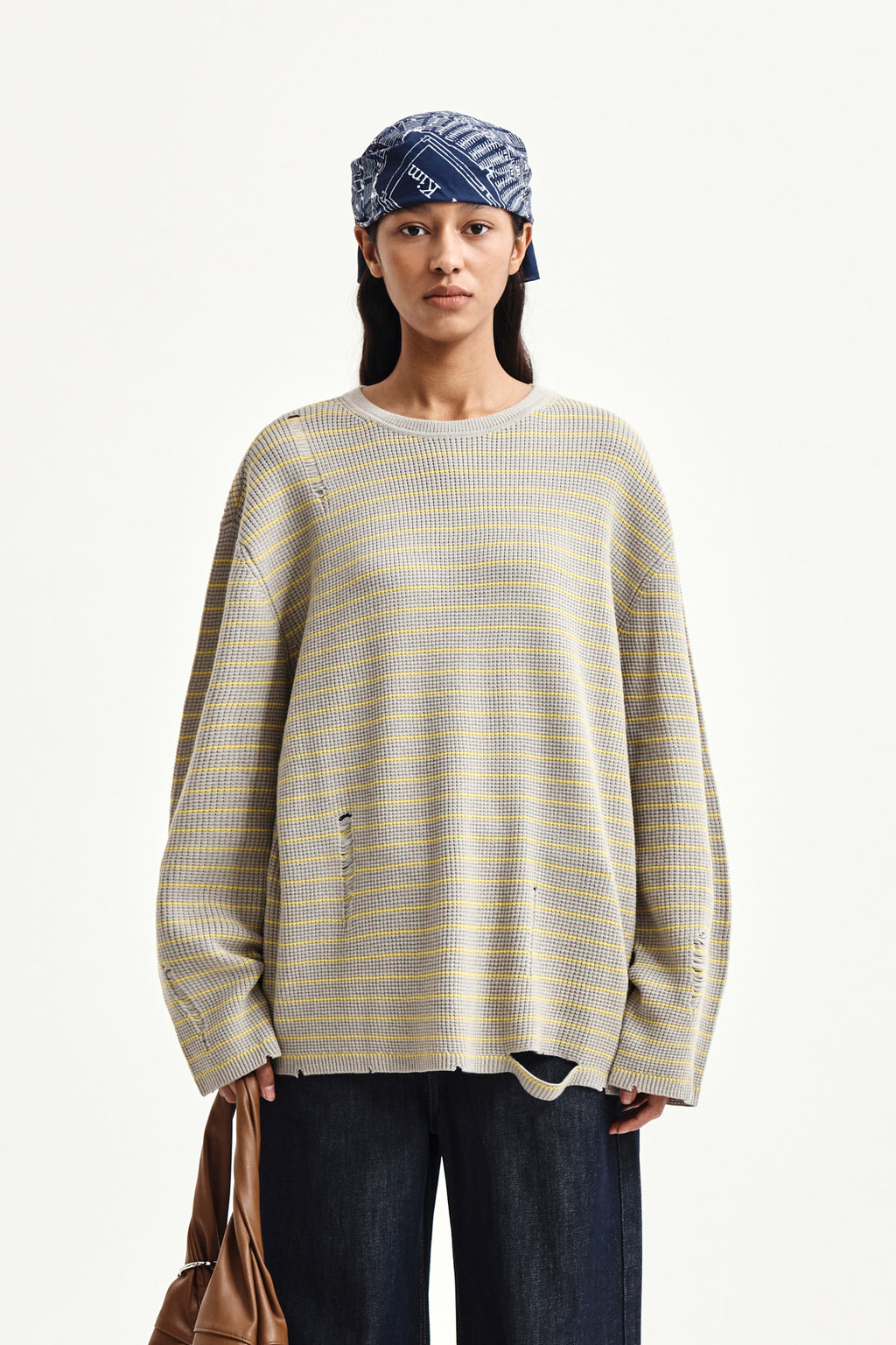 Matin Kim - Stripe Damaged Loose Pullover (Beige) product image 5 | TRAB K-Fashion Australia
