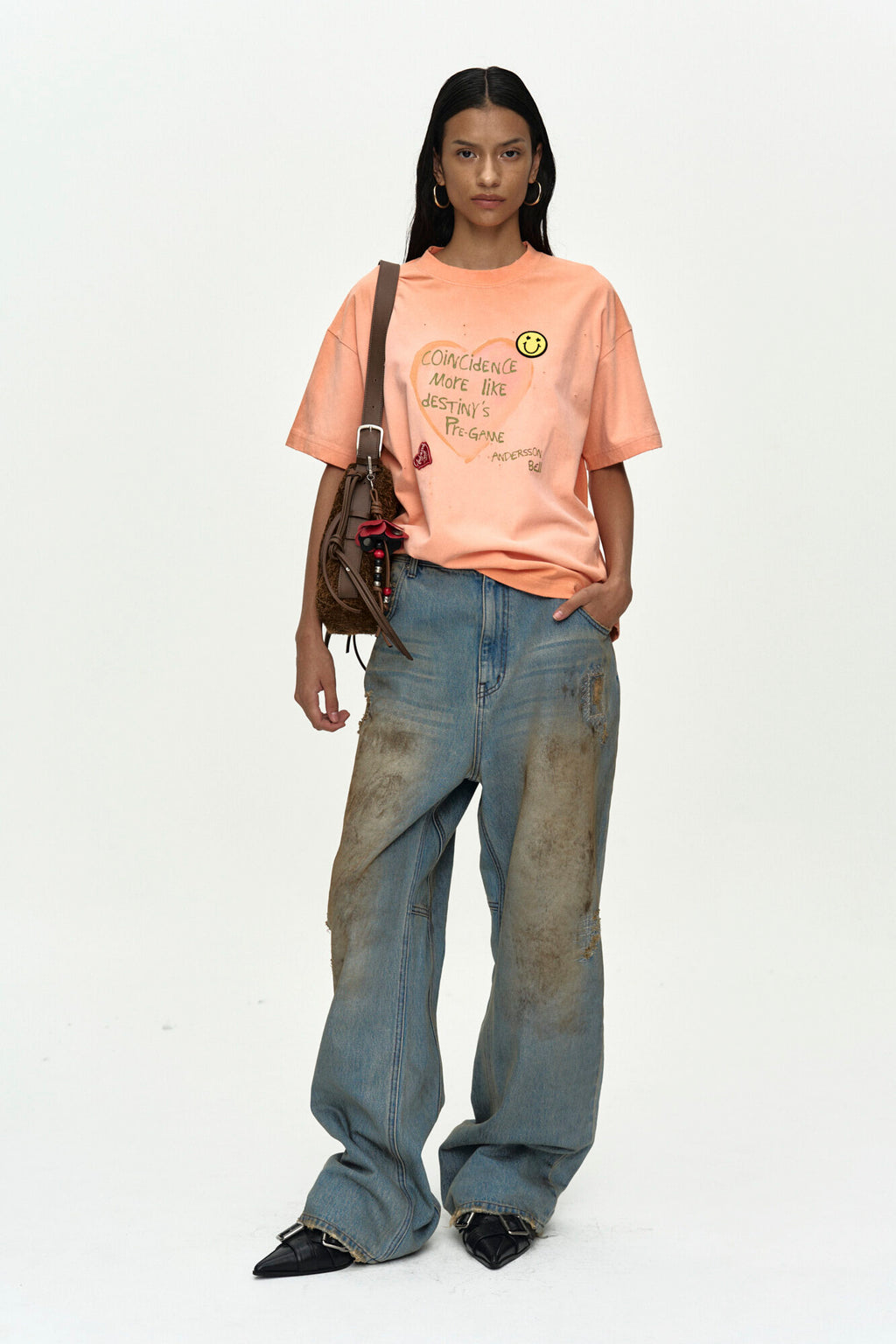 Andersson Bell - (essential) Unisex Spray Washed Heart Message T-Shirt (Orange) product image 2 | TRAB K-Fashion Australia