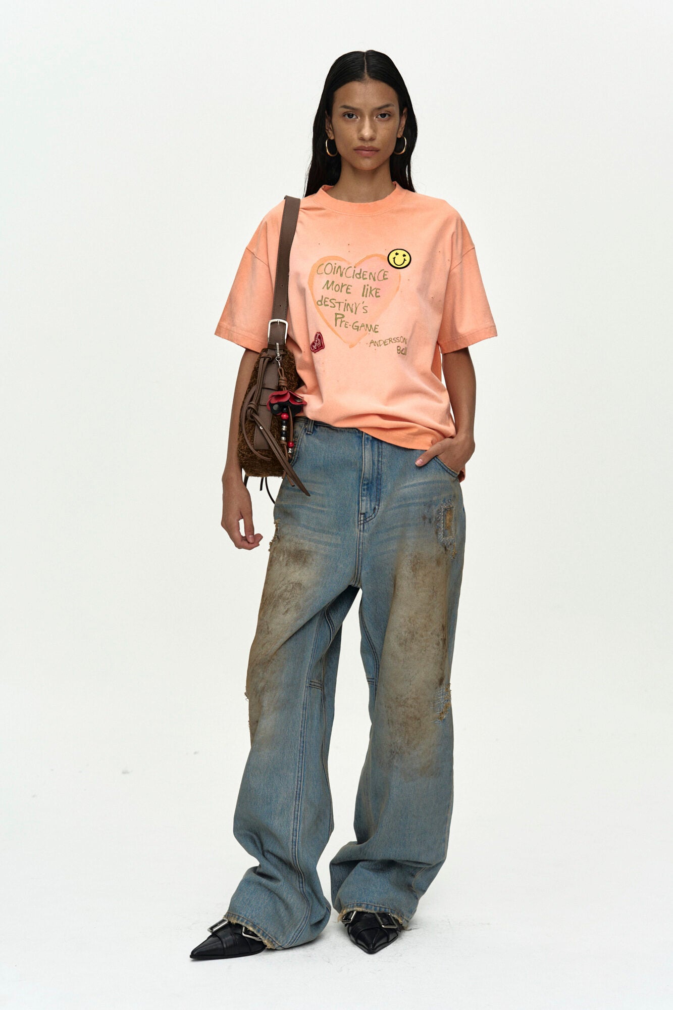 Andersson Bell - (essential) Unisex Spray Washed Heart Message T-Shirt (Orange) product image 2 | TRAB K-Fashion Australia