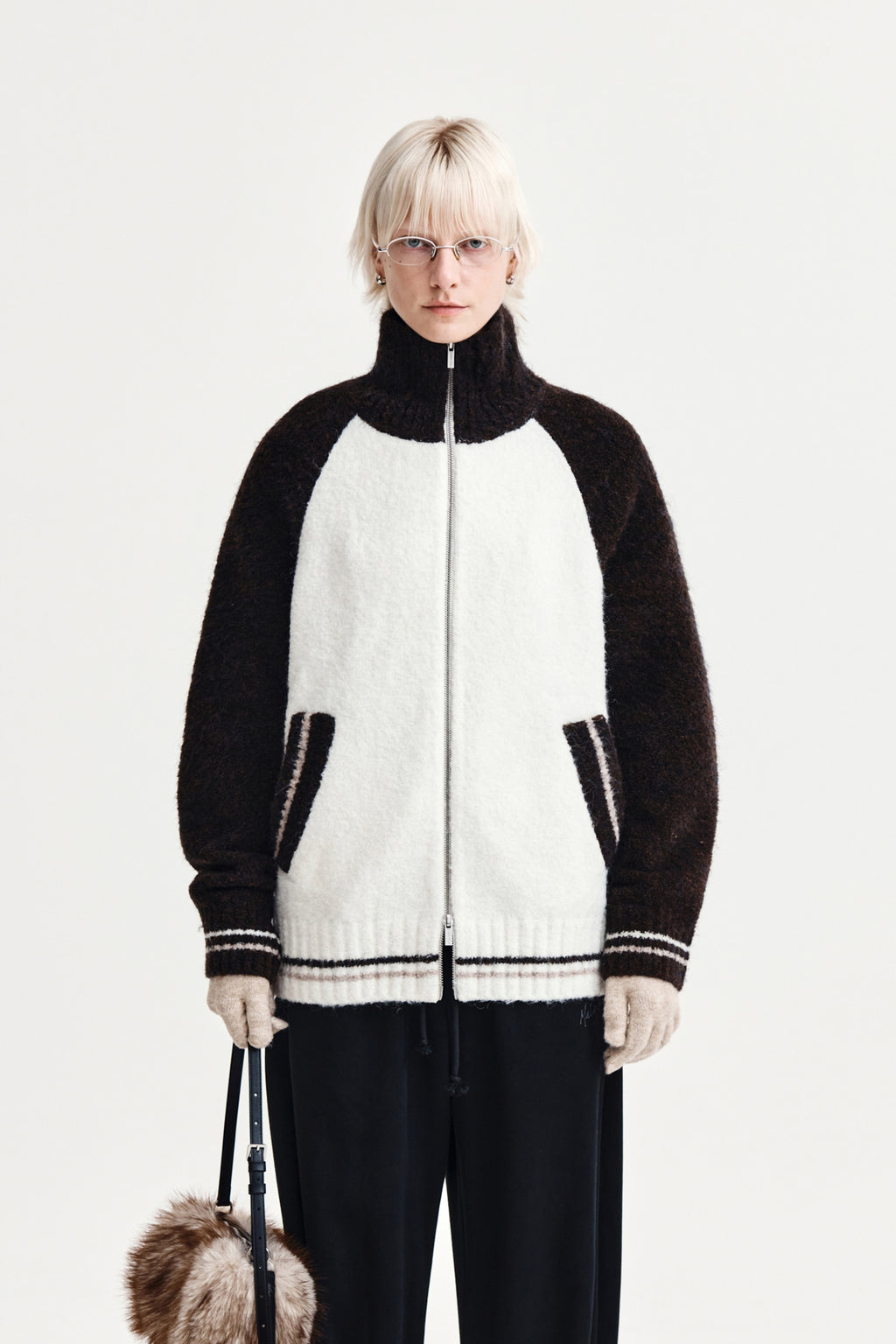 Matin Kim - High Neck Raglan Knit Zip Up (Dark Brown) product image 6 | TRAB K-Fashion Australia