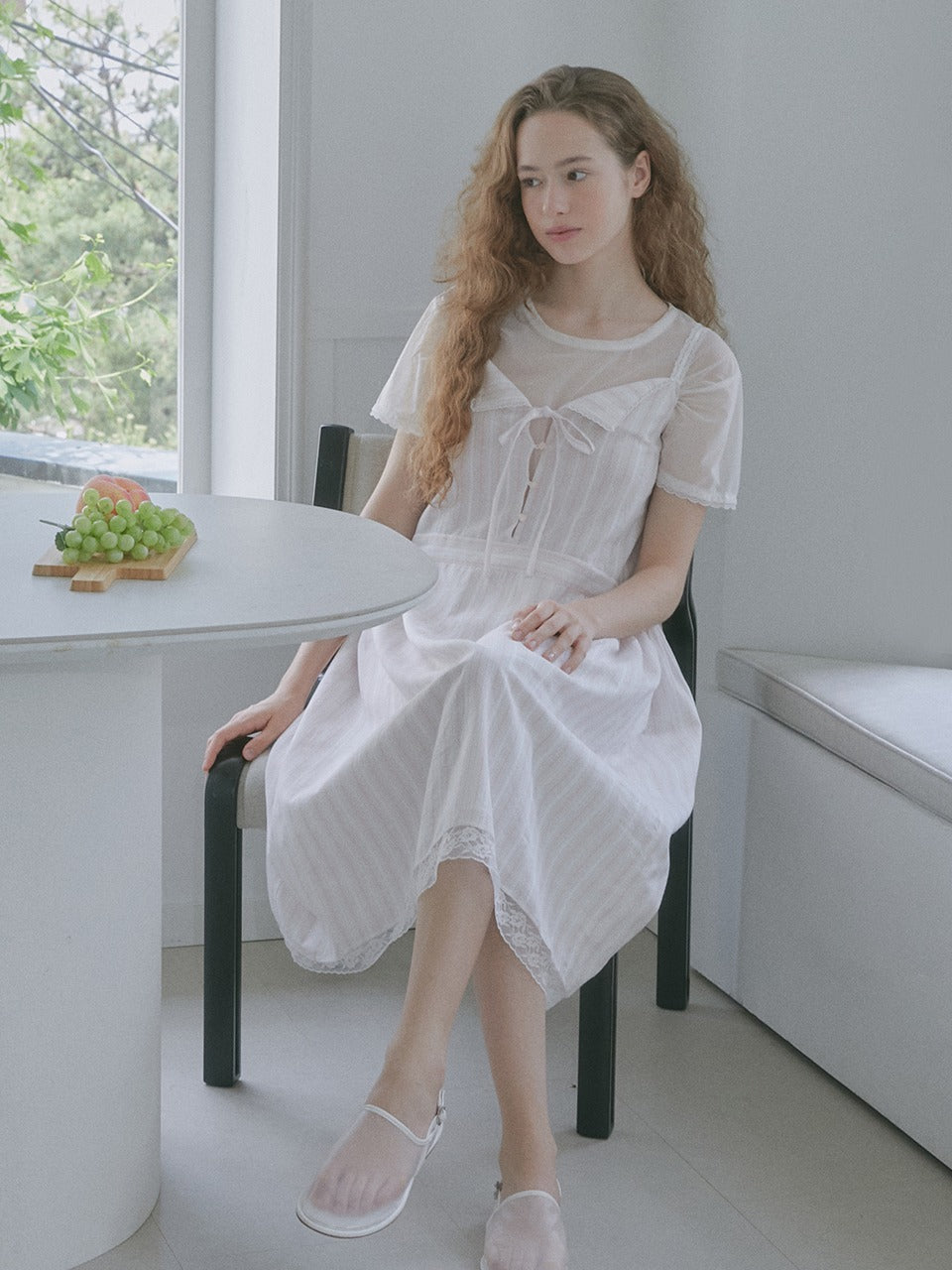 Margarin Fingers - Lace Stripe Long One-Piece (Light Pink) product image 1 | TRAB K-Fashion Australia