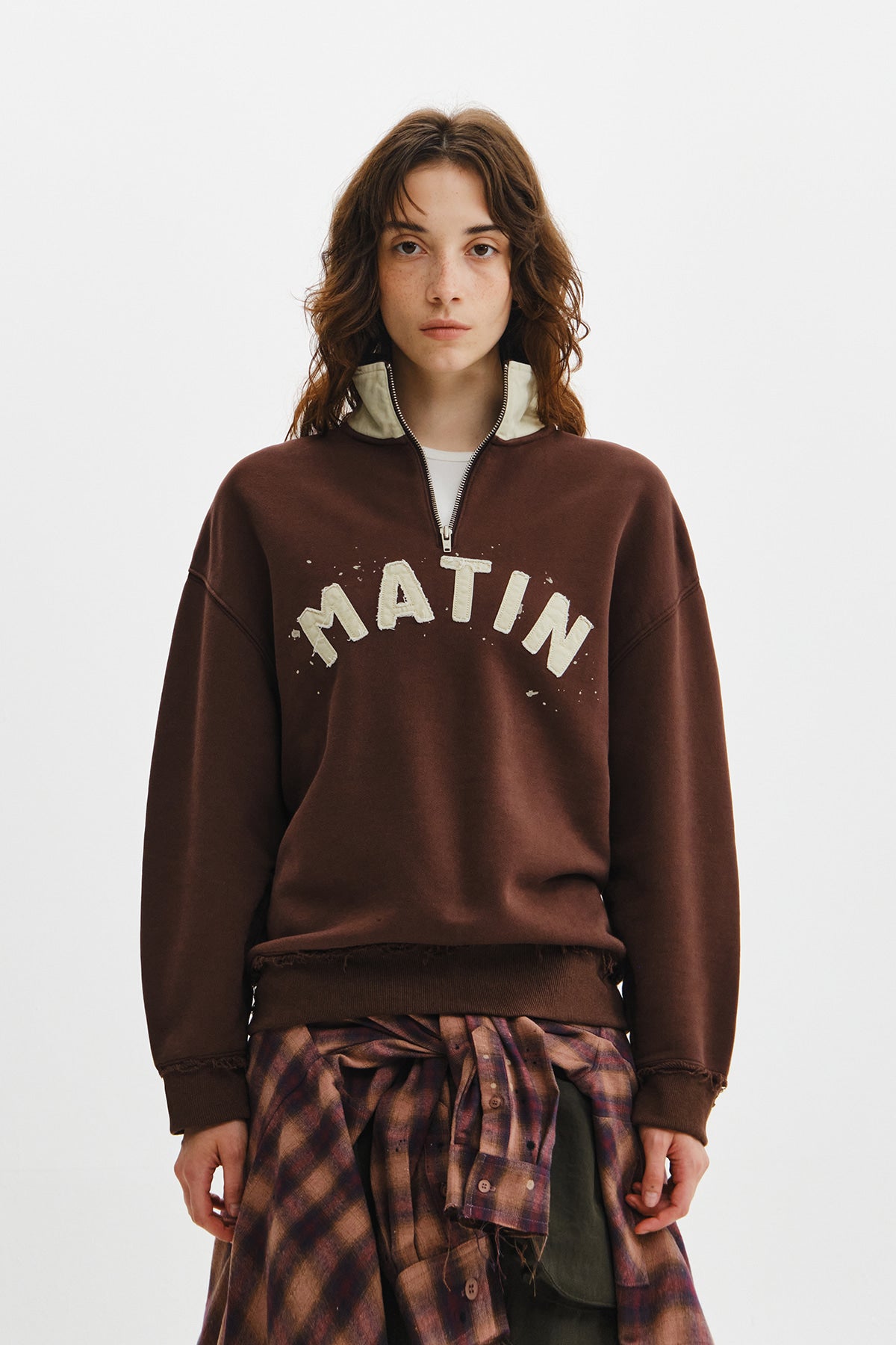 Matin Kim - Applique Logo Collar Quarter Zip Up (Brown) product image 6 | TRAB K-Fashion Australia
