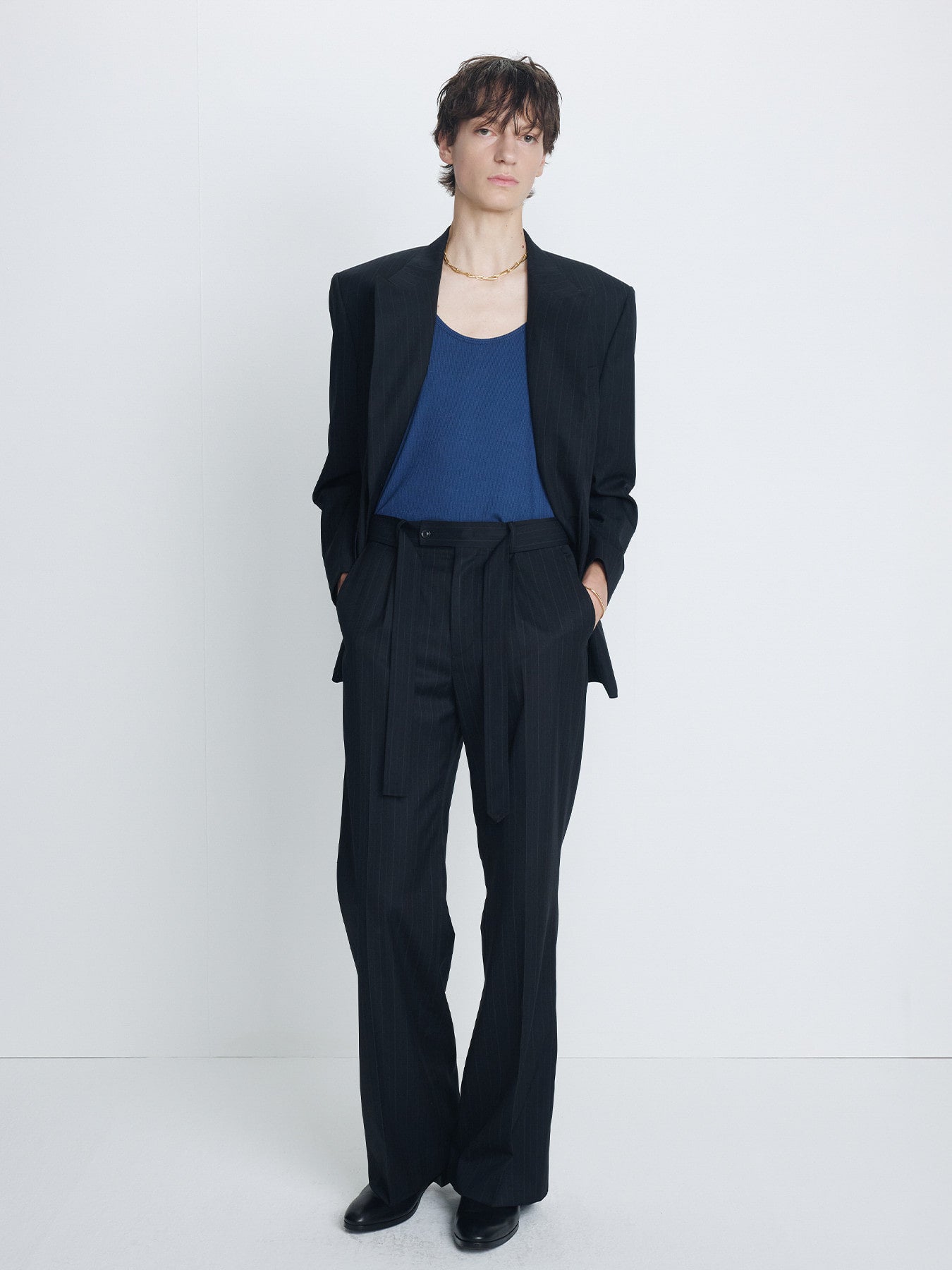 Tonywack - Pinstriped Wool Tailored Wrap Blazer (Black Pinstripe) product image 2 | TRAB K-Fashion Australia