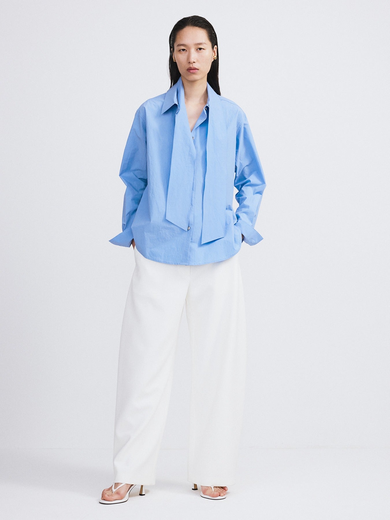 Recto - Detachable Scarf Cotton Shirt (Baby Blue) product image 1 | TRAB K-Fashion Australia