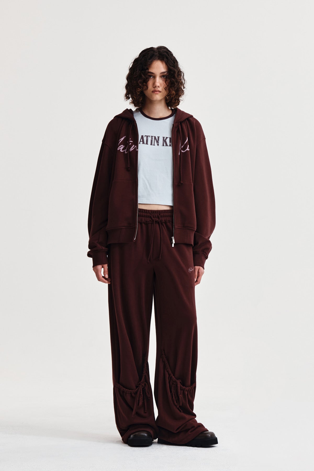 Matin Kim - Drawstring Point Zip Up Hoody (Burgundy) product image 9 | TRAB K-Fashion Australia