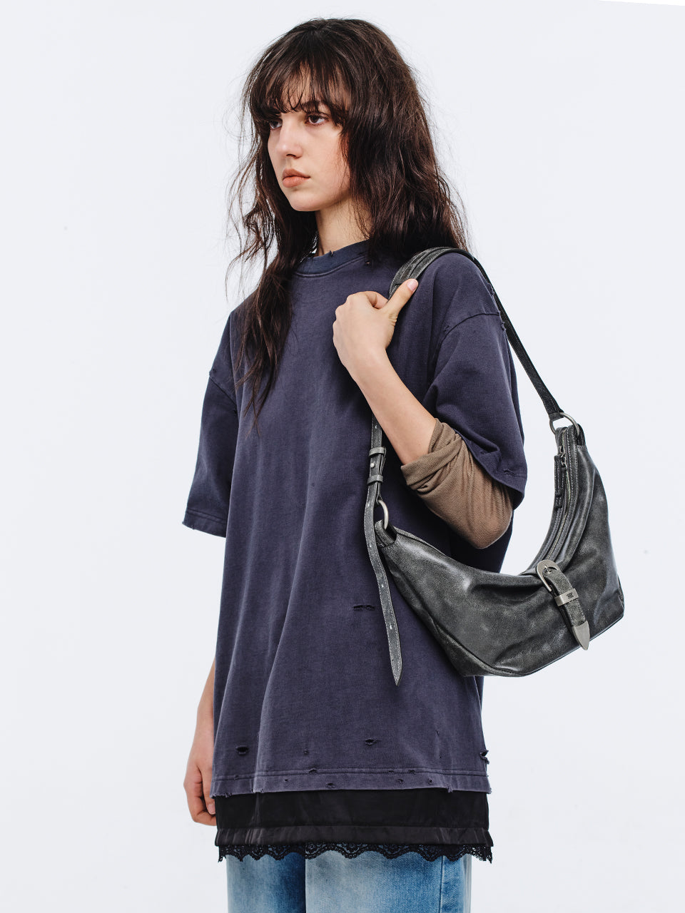 Marge Sherwood - Belted Hobo Medium (White+Grey Two-Tone Cracked) product image 2 | TRAB K-Fashion Australia