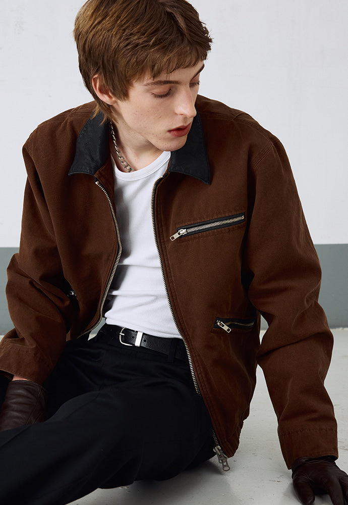 Tonywack - Leather Collar Garment-Washed Zip Work Jacket (Brown) product image 8 | TRAB K-Fashion Australia