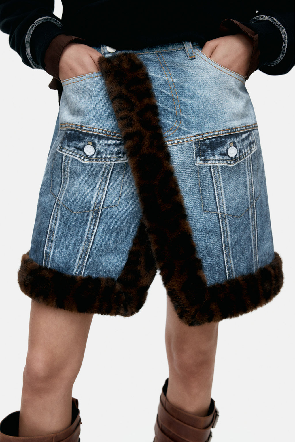 Andersson Bell - Fur-Edged Denim Print Skirt (Blue) product image 4 | TRAB K-Fashion Australia