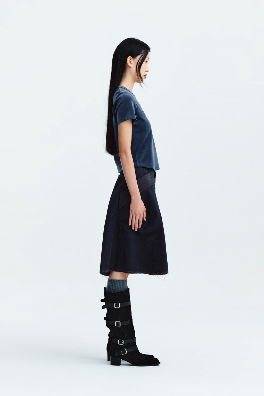 Matin Kim - Logo Emboss Velvet Crop Top (Smoke Blue) product image 7 | TRAB K-Fashion Australia