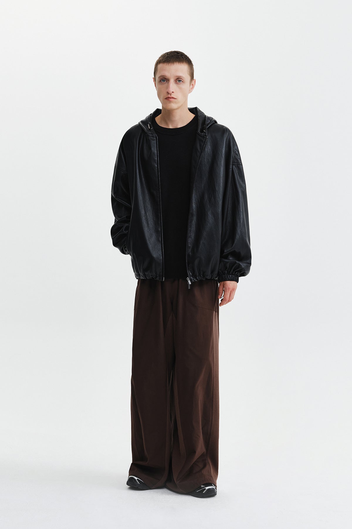 Matin Kim - Faux Leather Applique Logo Hoody Jumper (Black) product image 10 | TRAB K-Fashion Australia