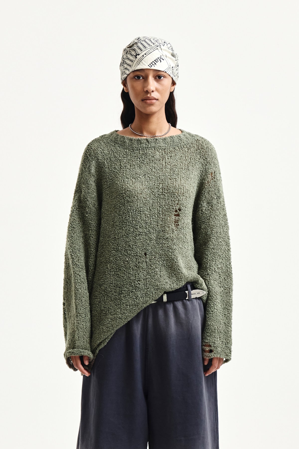 Matin Kim - Asymmetric Damaged Knit Pullover (Khaki) product image 10 | TRAB K-Fashion Australia