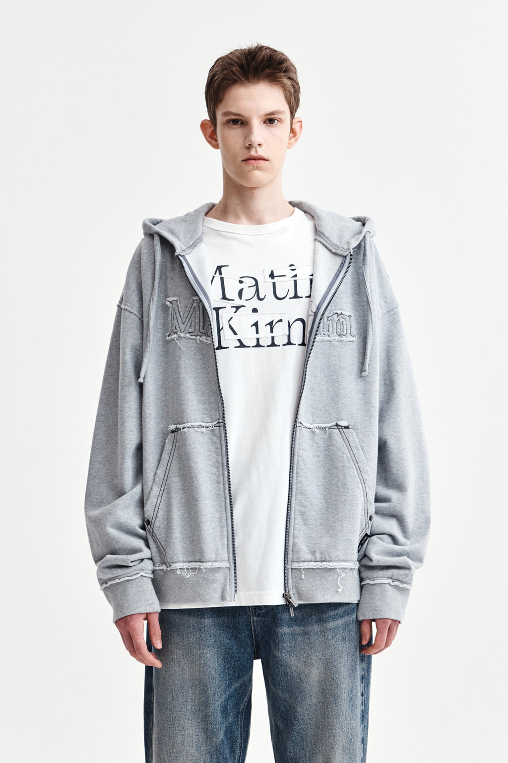 Matin Kim - Raw Cut Applique Hoody Zip Up (Grey) product image 10 | TRAB K-Fashion Australia