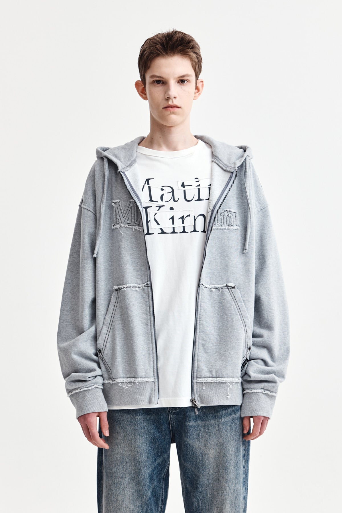 Matin Kim - Raw Cut Applique Hoody Zip Up (Grey) product image 10 | TRAB K-Fashion Australia