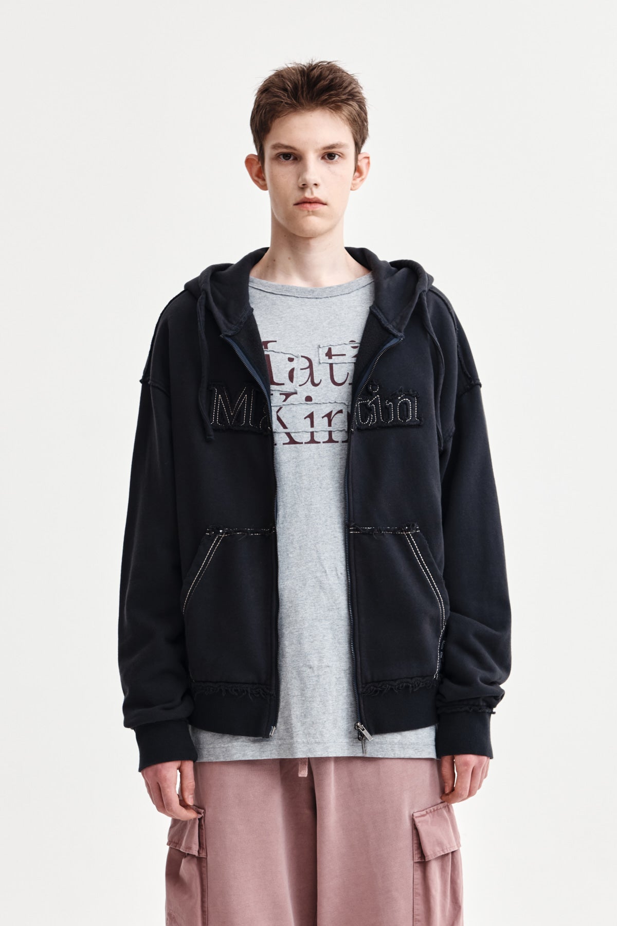 Matin Kim - Raw Cut Applique Hoody Zip Up (Charcoal) product image 10 | TRAB K-Fashion Australia