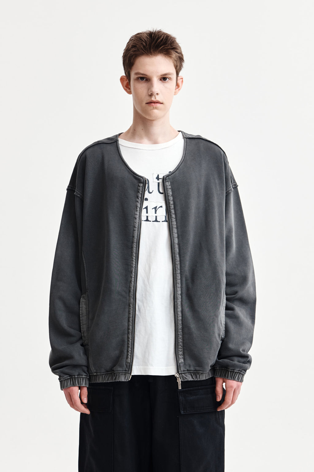 Matin Kim - Pigment Dyed Collarless Zip Up Jumper (Charcoal) product image 1 | TRAB K-Fashion Australia