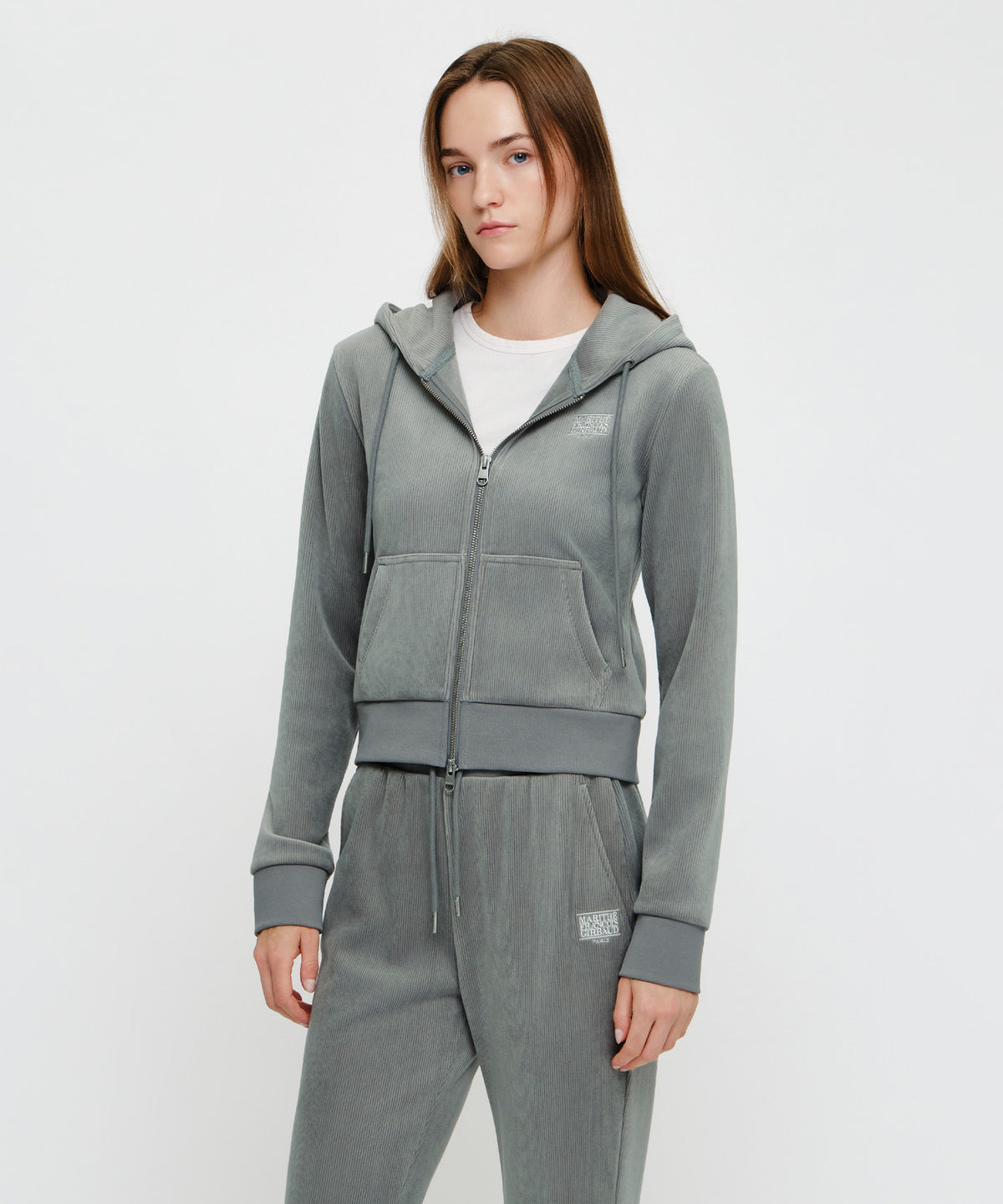 Marithe & Francois Girbaud - Small Classic Logo Slim Fit Velour Crop Hoodie Zipup (Gray) product image 2 | TRAB K-Fashion Australia