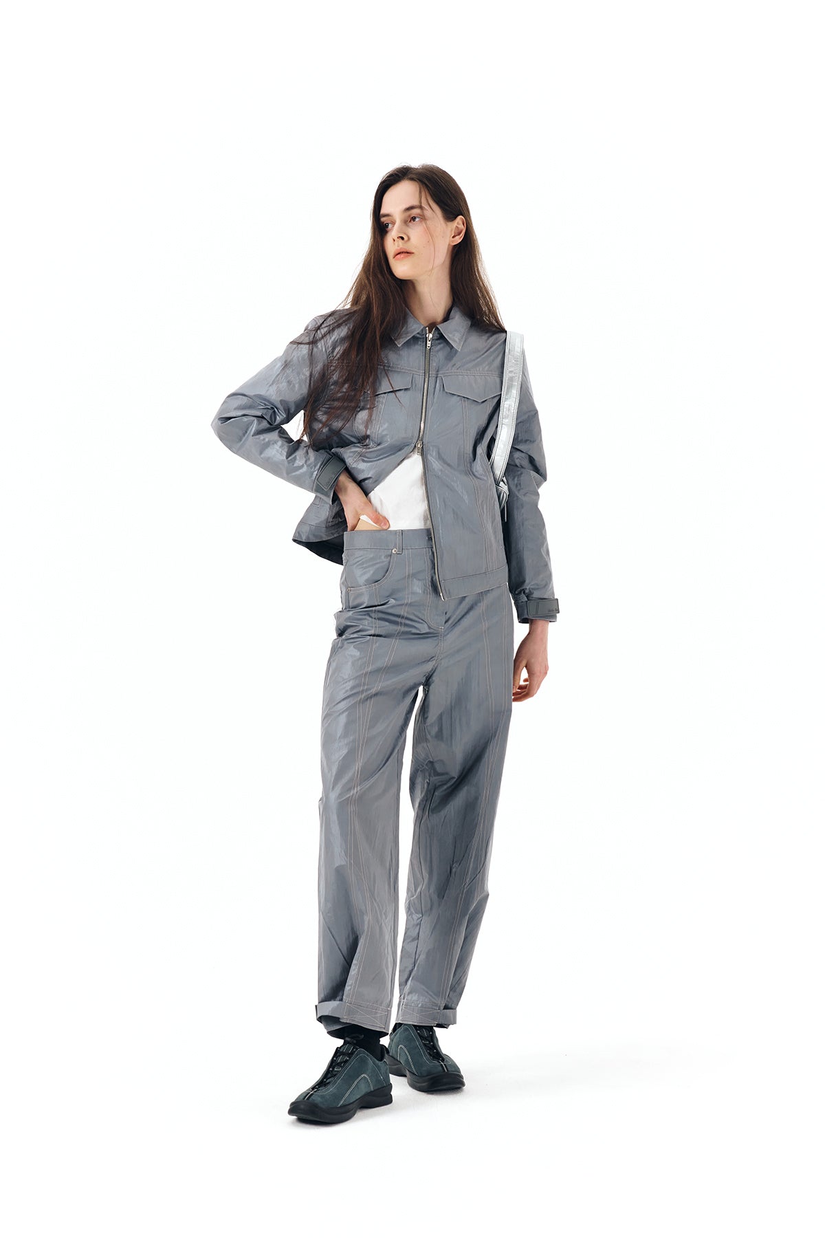 Matin Kim - Stitch Detailed Trucker Pants (Grey) product image 8 | TRAB K-Fashion Australia
