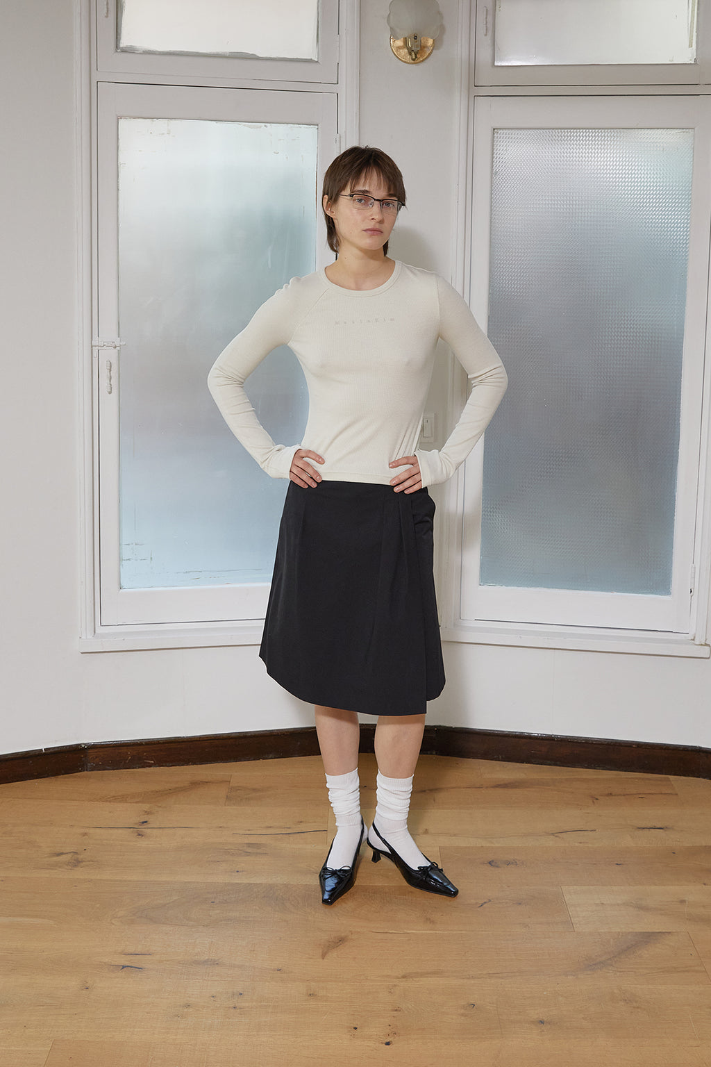 Matin Kim - Finger Hole Logo Printing Top (Light Beige) product image 8 | TRAB K-Fashion Australia