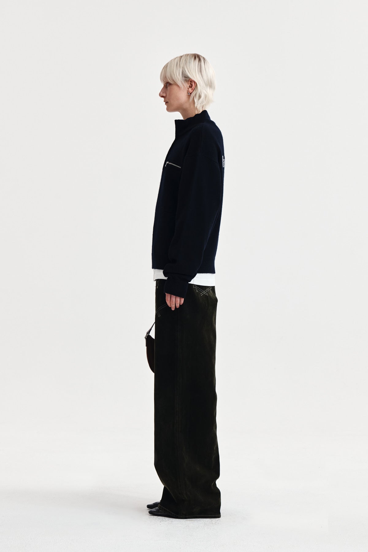 Matin Kim - Back Logo Half Knit Zip Up Pullover (Navy) product image 6 | TRAB K-Fashion Australia