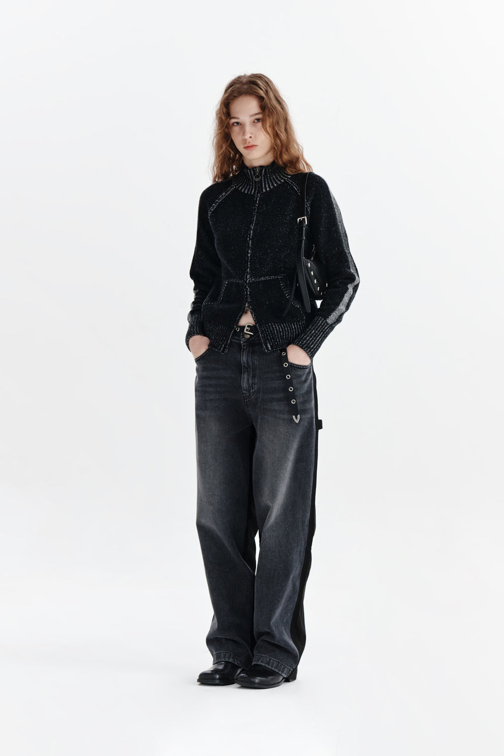 Matin Kim - Two Tone Mixed Knit Zip Up (Black) product image 9 | TRAB K-Fashion Australia