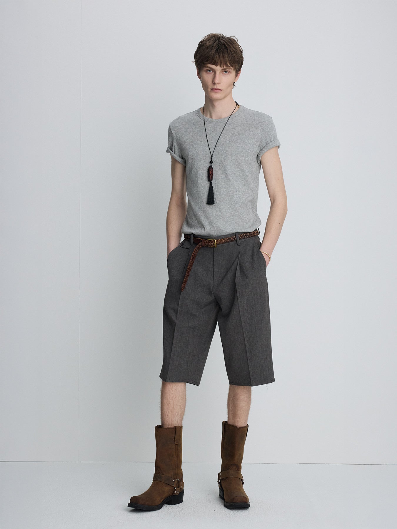 Tonywack - Raw-Cut Wool Pleated Tailored Shorts (Melange Grey) product image 2 | TRAB K-Fashion Australia