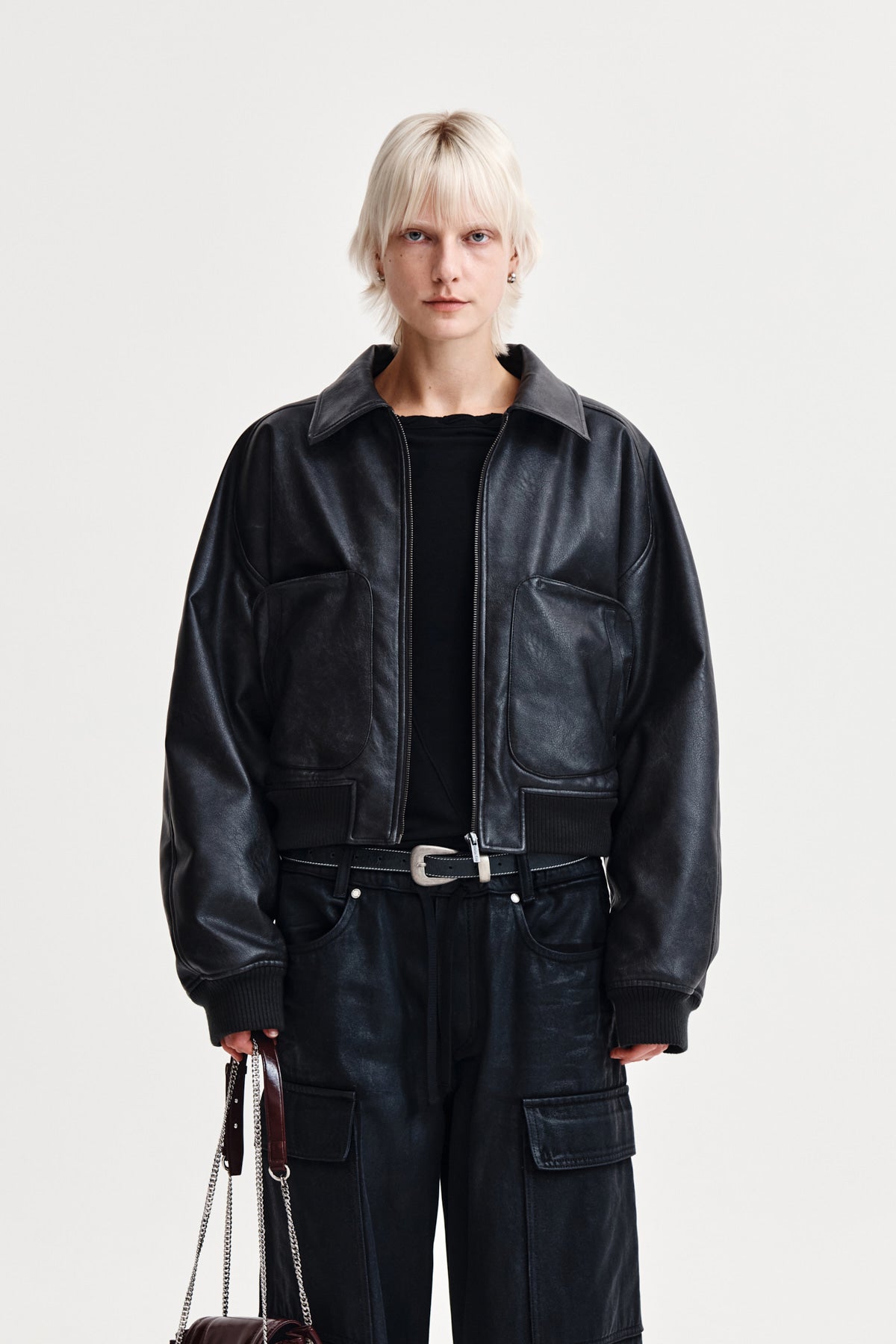 Matin Kim - Faux Leather Out Pocket Jumper (Charcoal) product image 1 | TRAB K-Fashion Australia