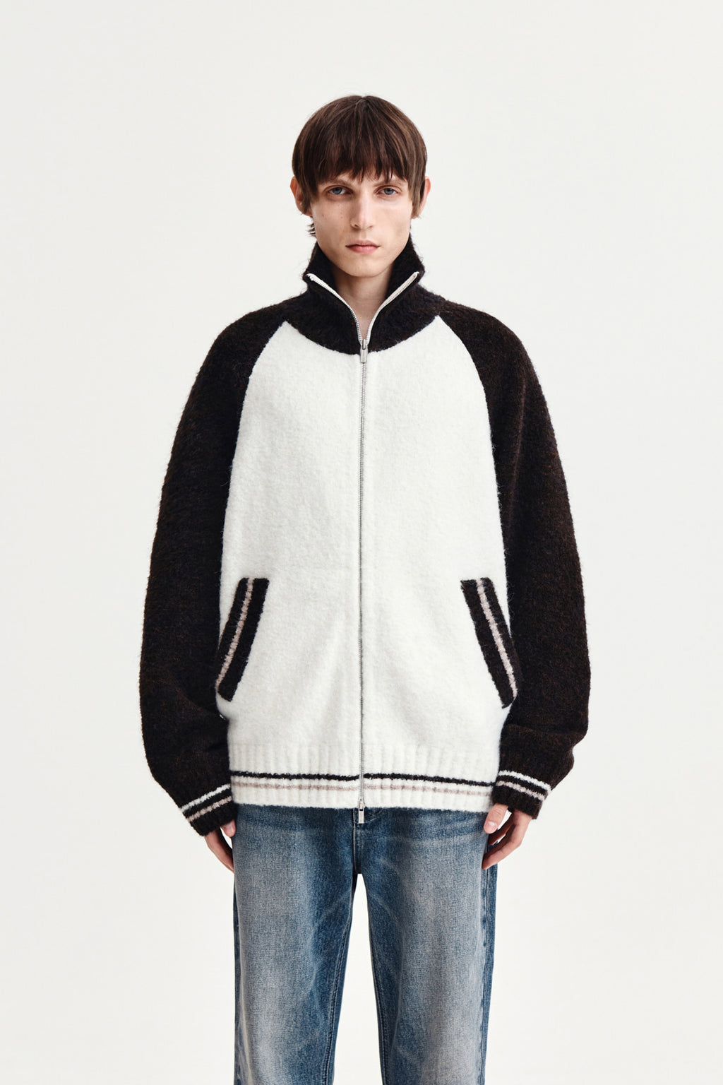 Matin Kim - High Neck Raglan Knit Zip Up (Dark Brown) product image 10 | TRAB K-Fashion Australia