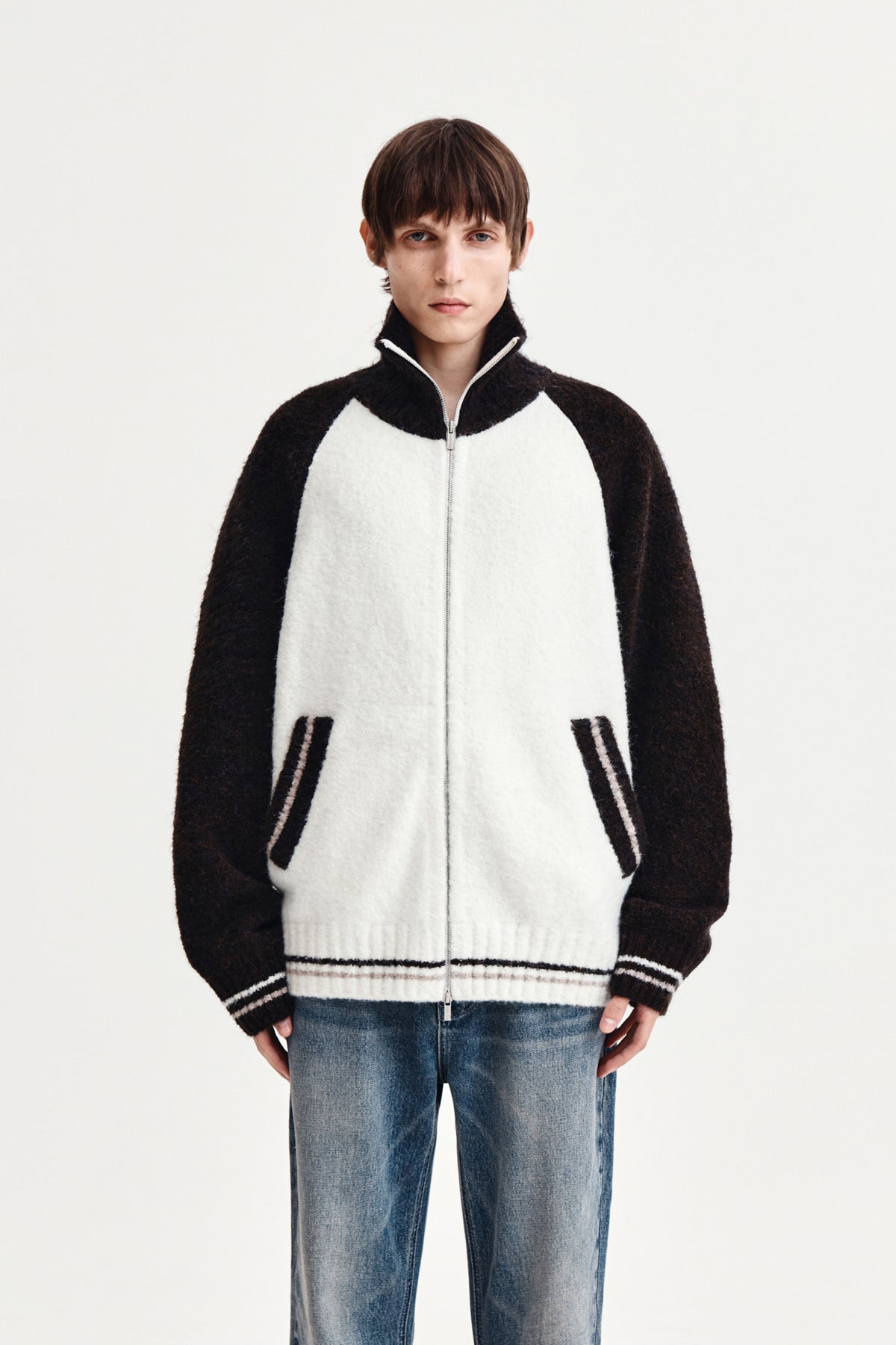 Matin Kim - High Neck Raglan Knit Zip Up (Dark Brown) product image 10 | TRAB K-Fashion Australia
