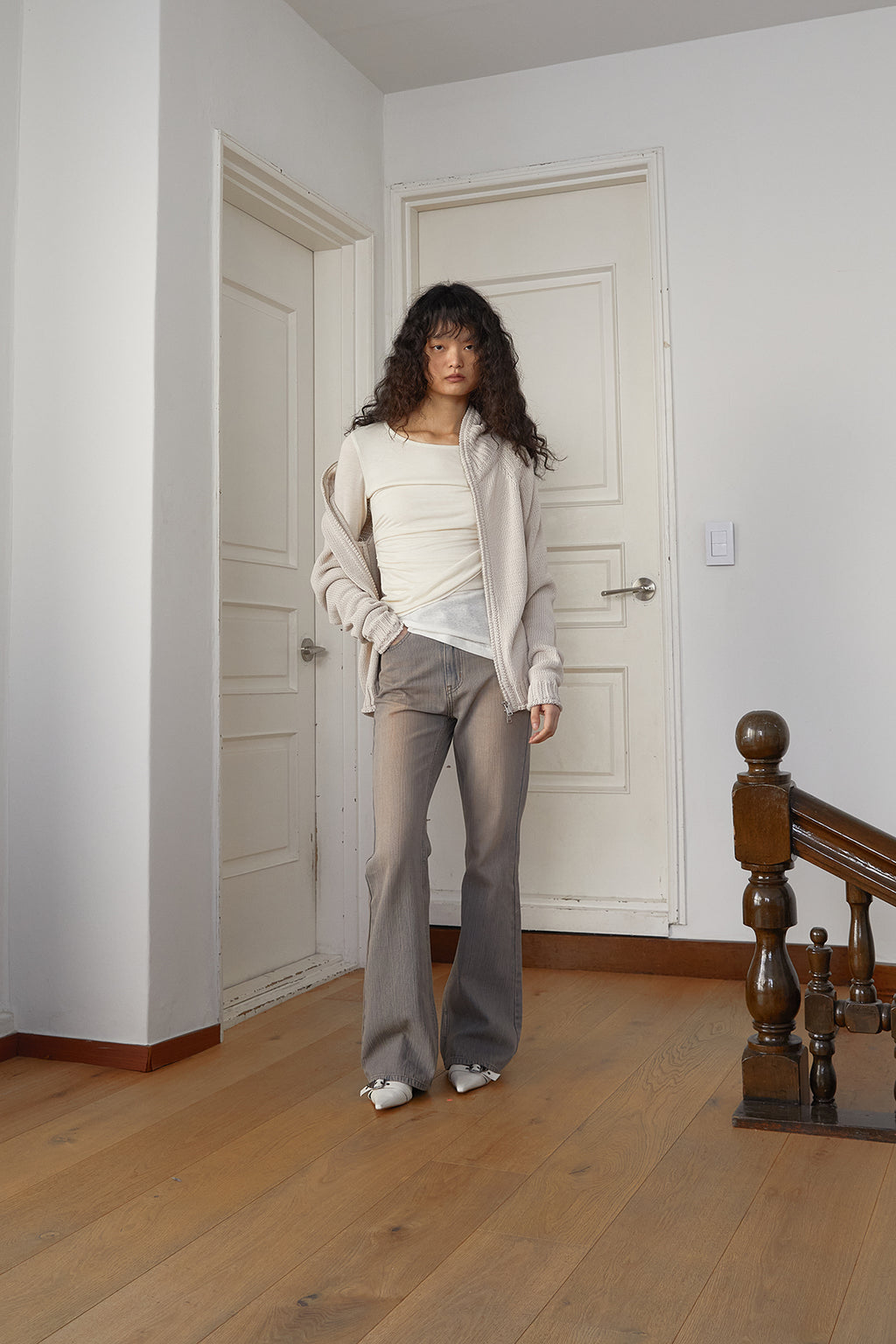 Matin Kim - Applique Logo Patch Knit Zip Up (Light Beige) product image 11 | TRAB K-Fashion Australia