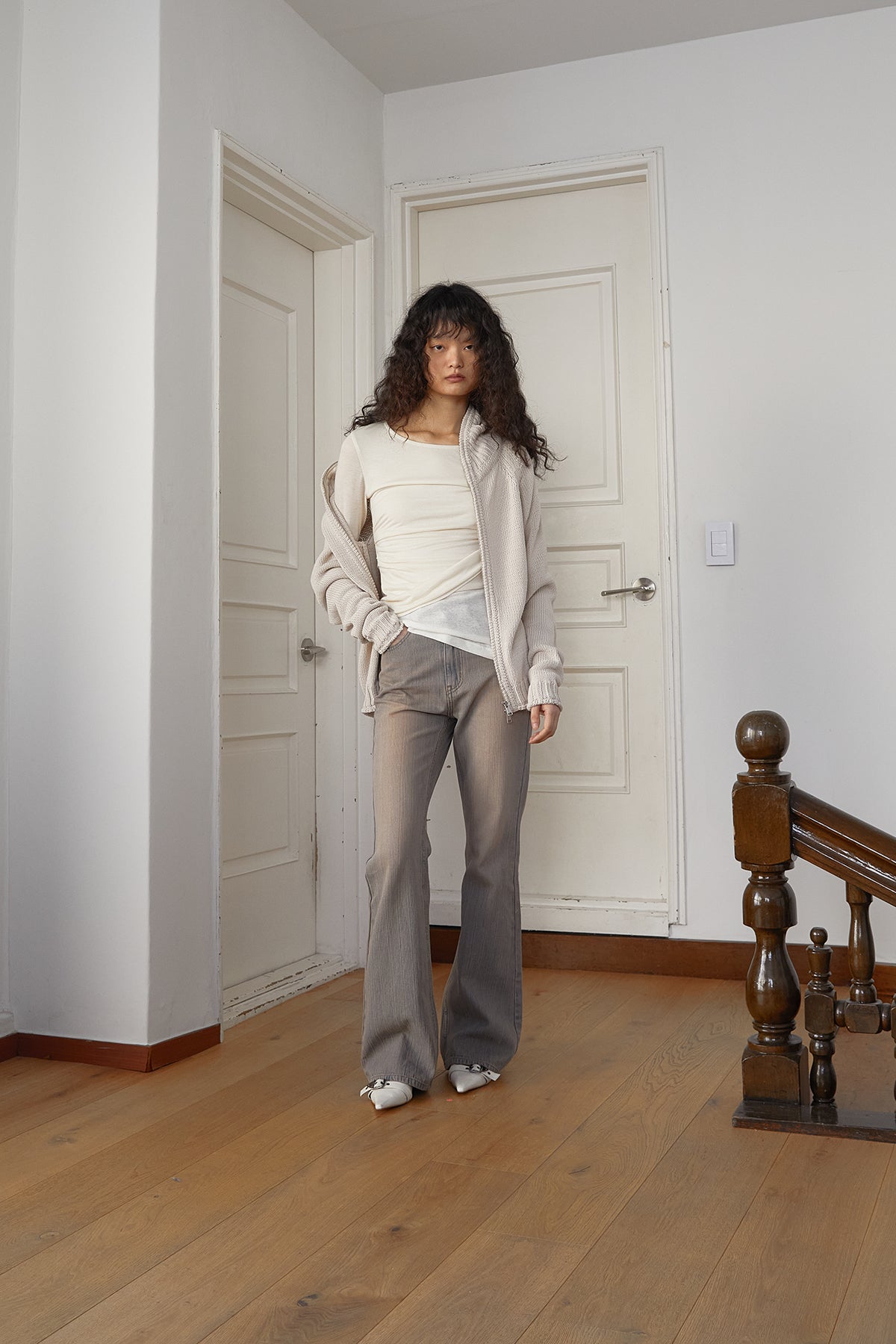 Matin Kim - Applique Logo Patch Knit Zip Up (Light Beige) product image 11 | TRAB K-Fashion Australia