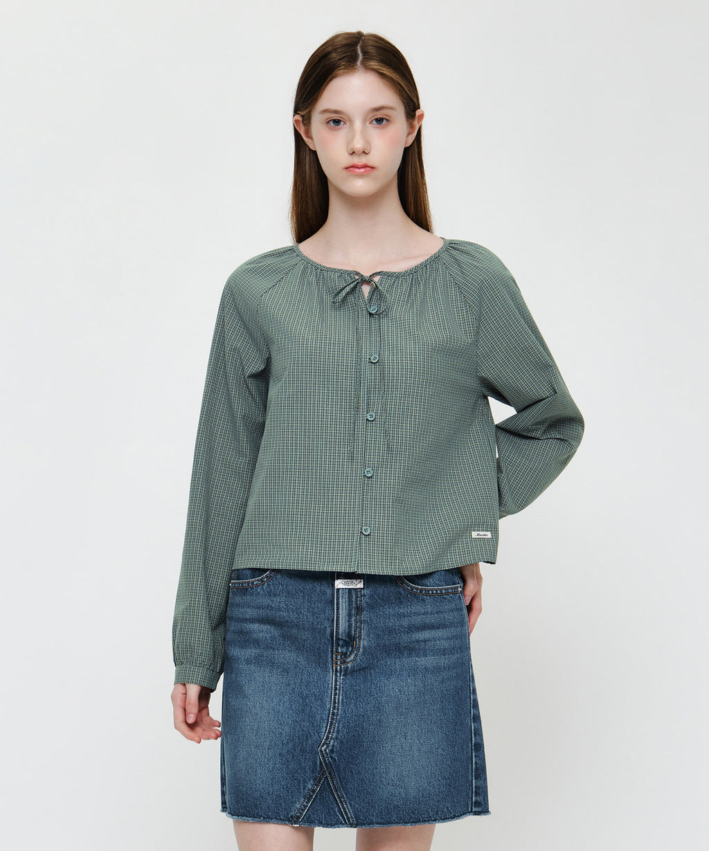 Marithe & Francois Girbaud - Check Ribbon Crop Blouse (Vintage Blue) product image 1 | TRAB K-Fashion Australia