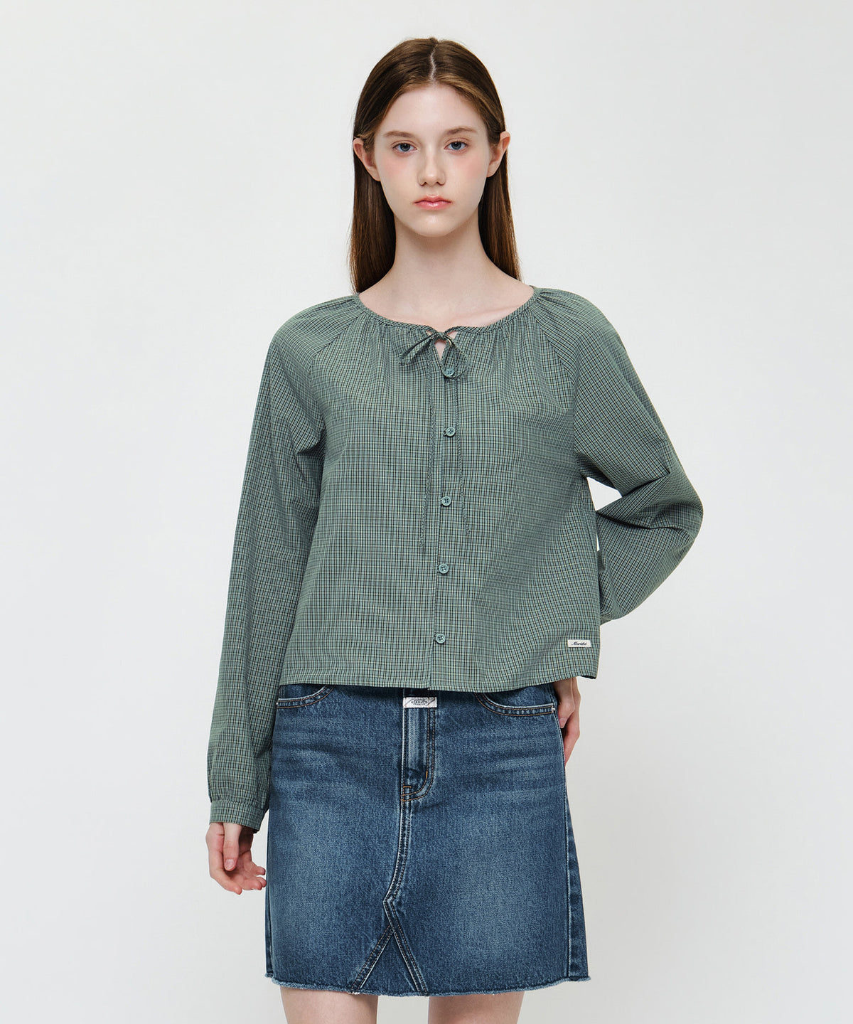 Marithe & Francois Girbaud - Check Ribbon Crop Blouse (Vintage Blue) product image 1 | TRAB K-Fashion Australia