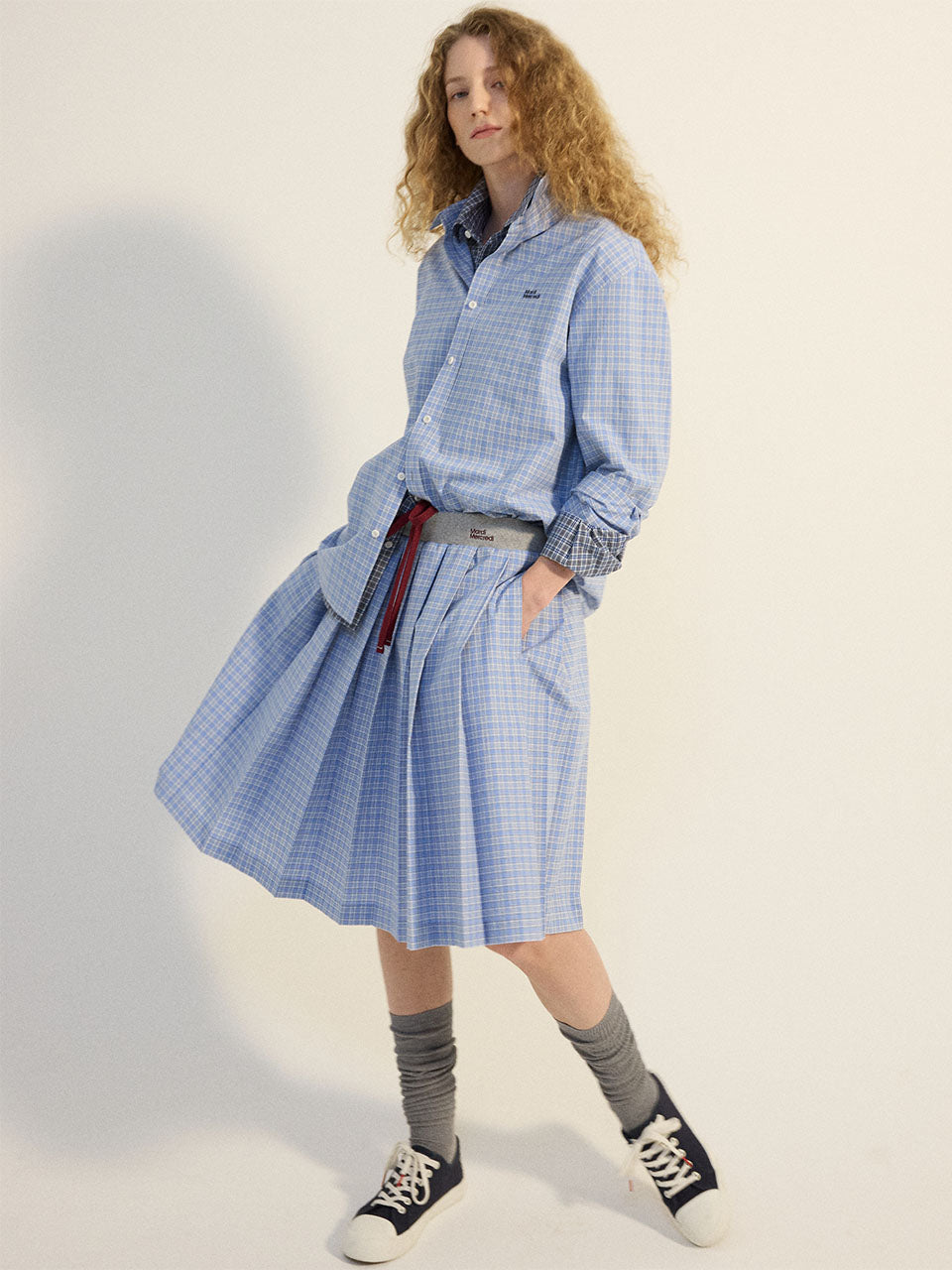 Mardi Mercredi - Cotton Pleated Midi Skirt Check (Blue) product image 1 | TRAB K-Fashion Australia