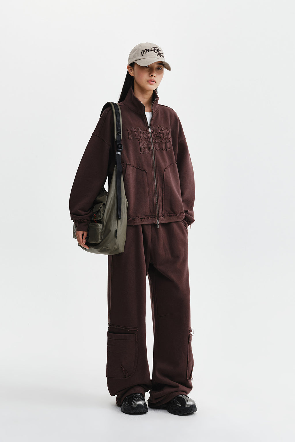 Matin Kim - [Pre-Order – Ships August 24] Mixed Waffle Applique Logo Zip Up (Brown) product image 10 | TRAB K-Fashion Australia