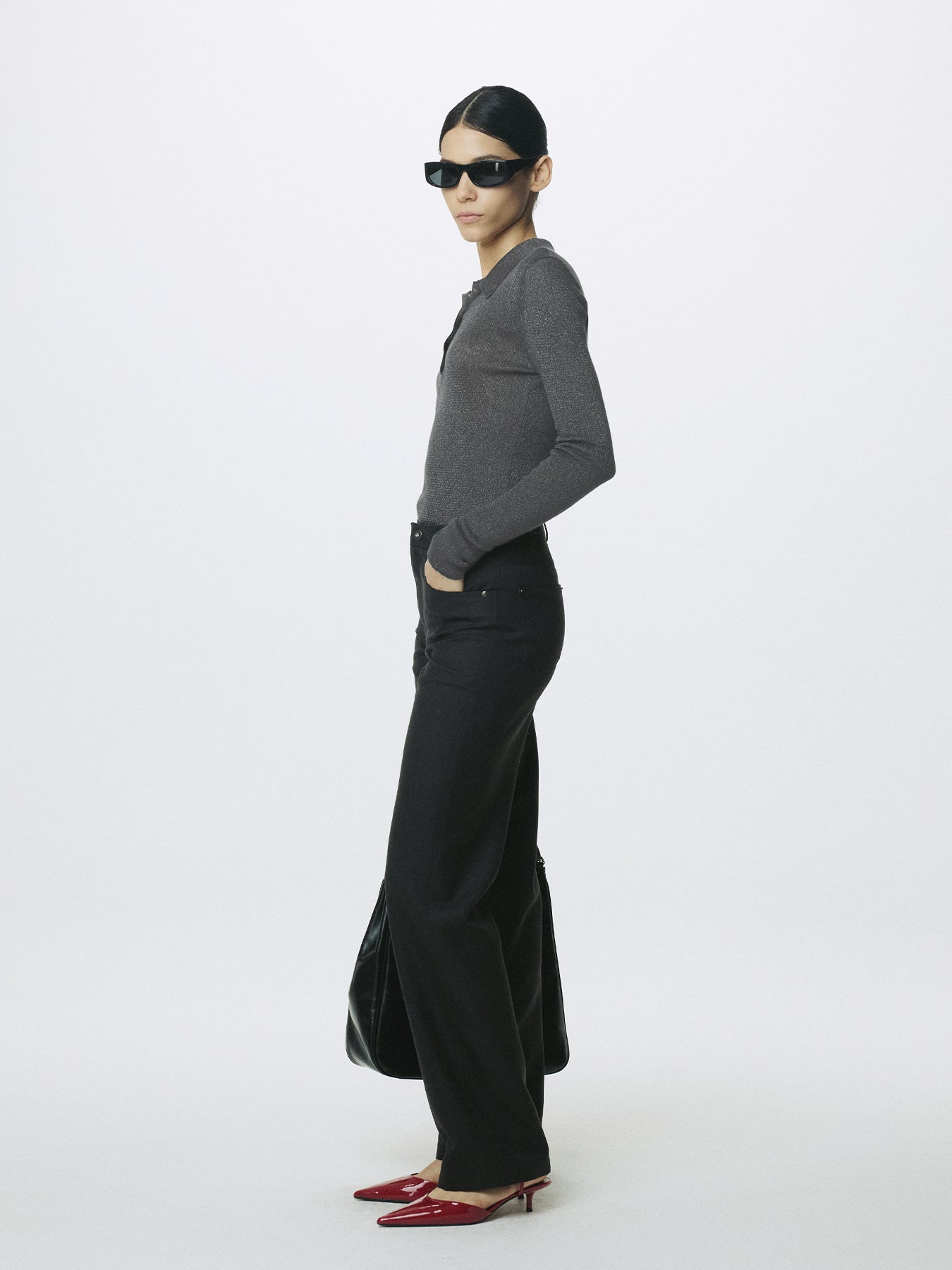 Tonywack - Glitter Ribbed Knit Polo Shirt (Charcoal) product image 2 | TRAB K-Fashion Australia
