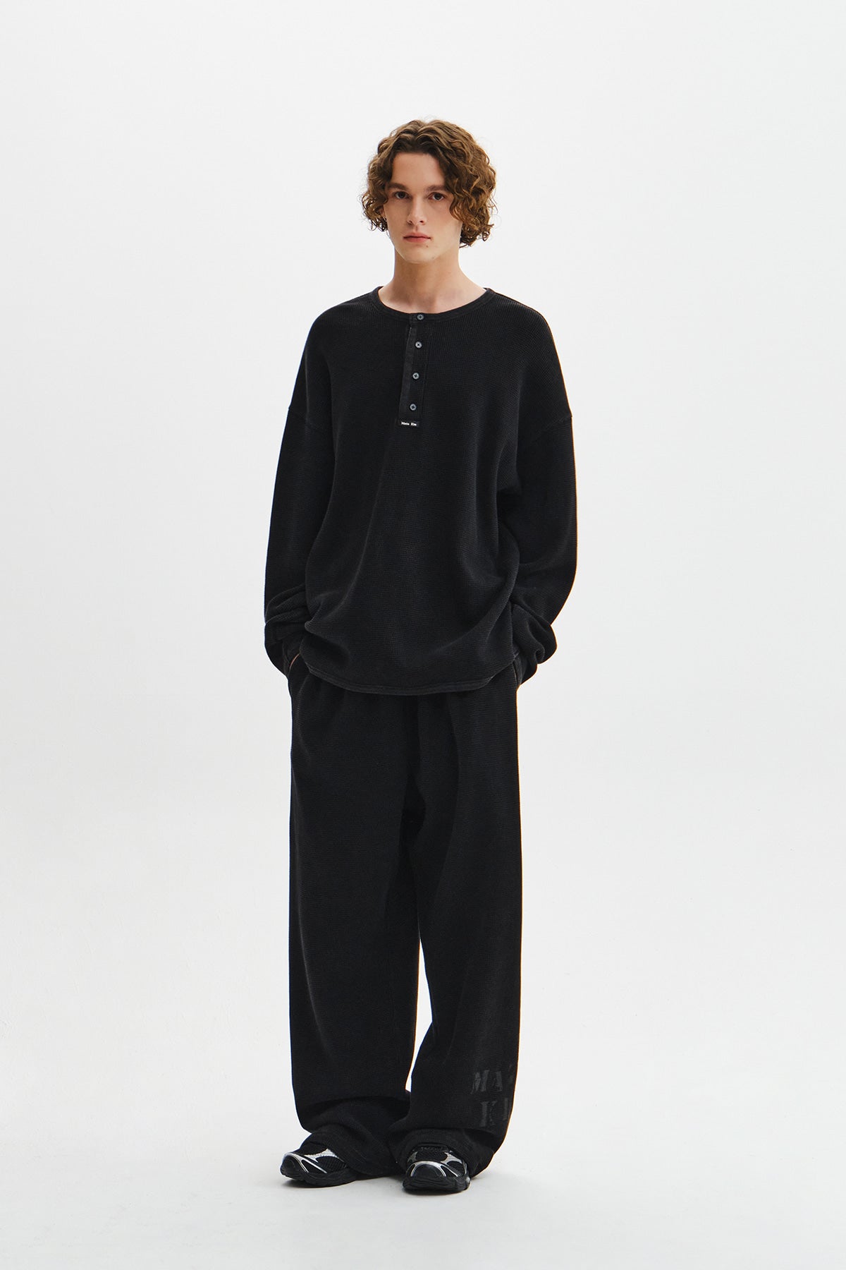 Matin Kim - Matin Washed Waffle Henley Neck Top (Charcoal) product image 11 | TRAB K-Fashion Australia
