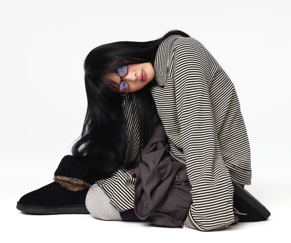 Coyseio - Wide Collar Waffle Stripe Shirt (Black) product image 3 | TRAB K-Fashion Australia