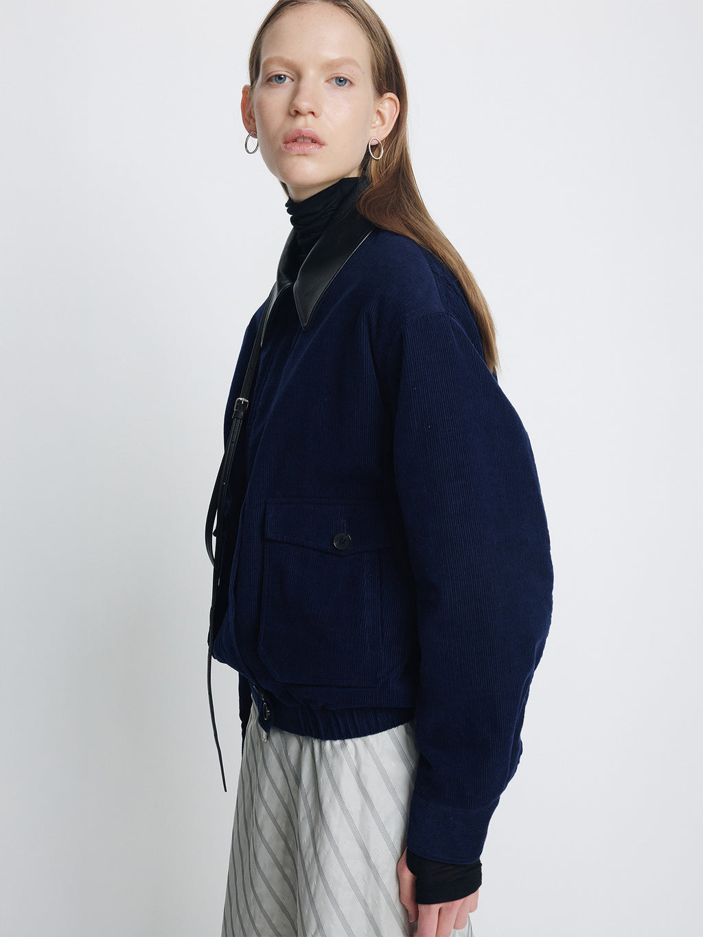 Tonywack - Leather Collar Corduroy Bomber Jacket (Midnight Blue) product image 4 | TRAB K-Fashion Australia