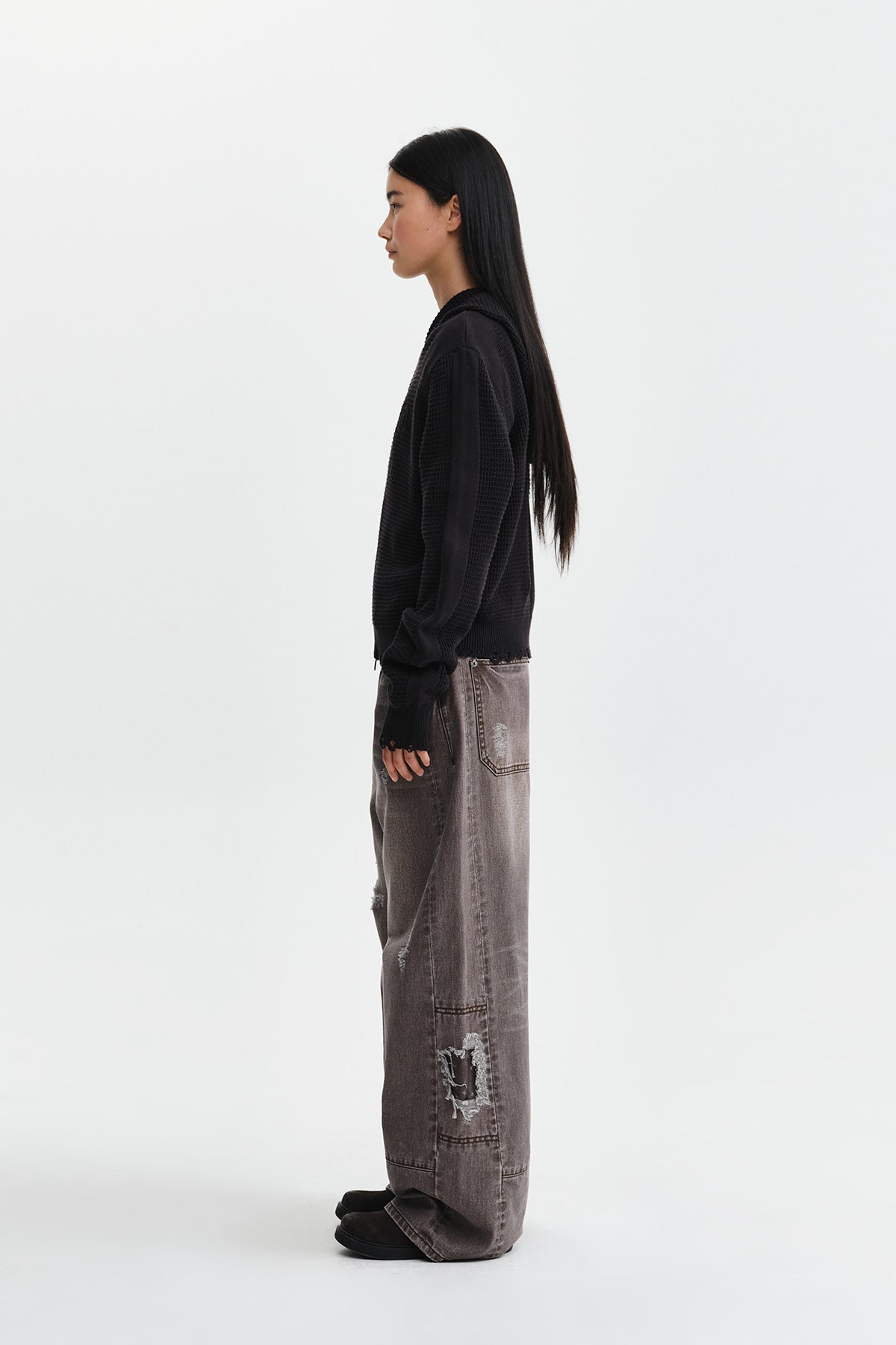 Matin Kim - Waffle Texture Hoody Knit Zip Up (Charcoal) product image 8 | TRAB K-Fashion Australia