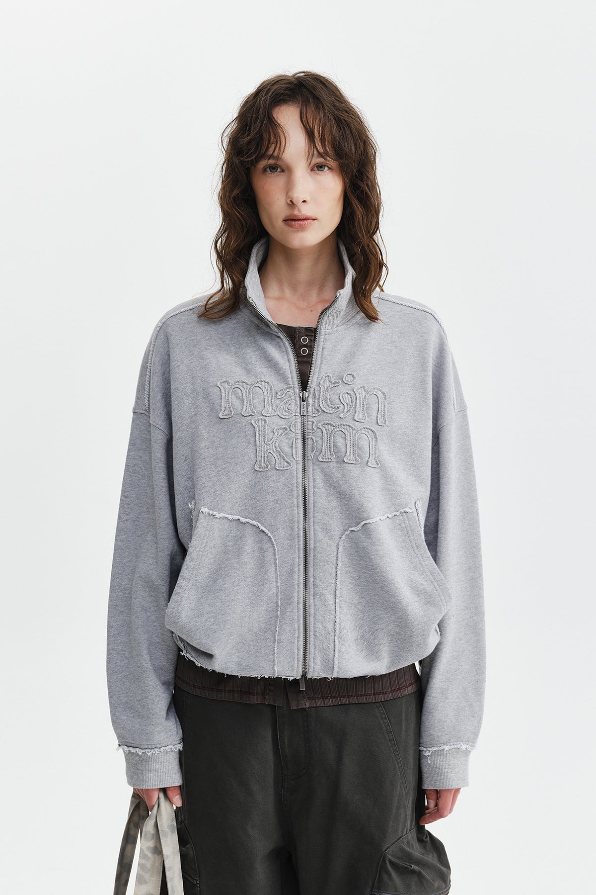 Matin Kim - [Pre-Order – Ships August 24] Mixed Waffle Applique Logo Zip Up (Grey) product image 7 | TRAB K-Fashion Australia