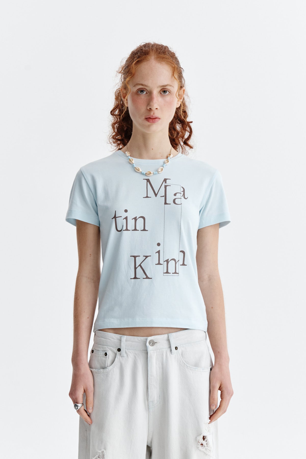 Matin Kim - Patchwork Graphic Printing Logo Top (Light Blue) product image 11 | TRAB K-Fashion Australia