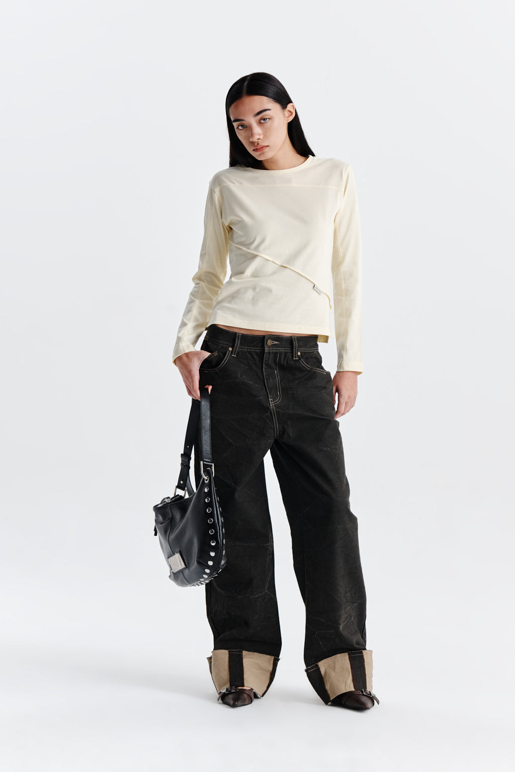Matin Kim - Diagonal Slimfit Long Sleeve Top (Light Yellow) product image 8 | TRAB K-Fashion Australia