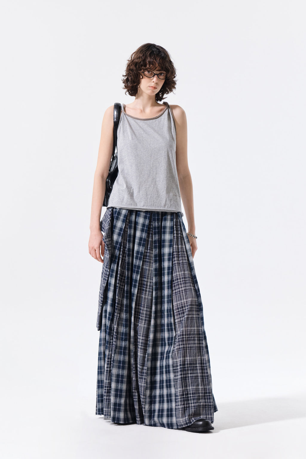 Matin Kim - Mixed Check Sleeve Tie Flare Skirt (Navy) product image 10 | TRAB K-Fashion Australia