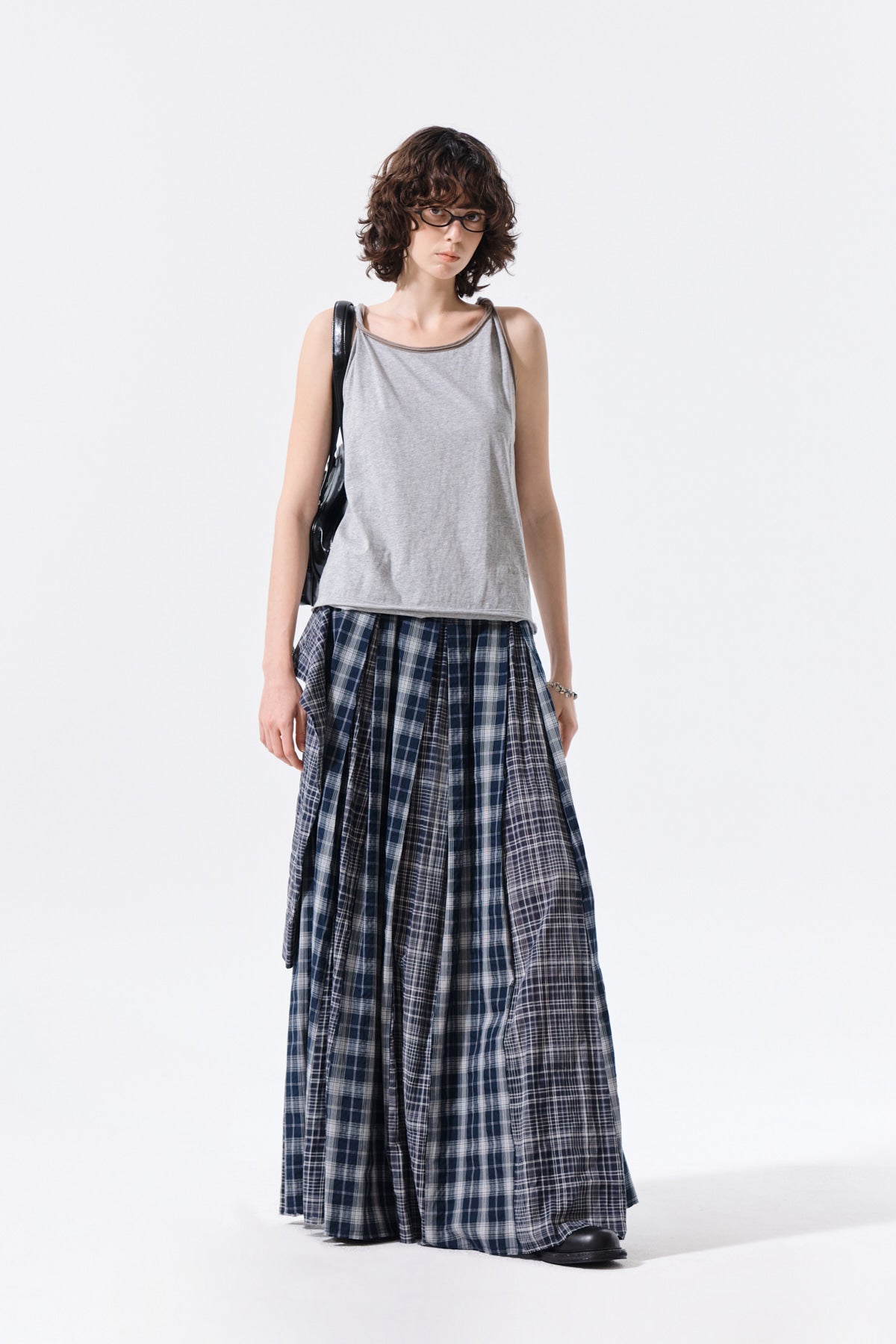 Matin Kim - Mixed Check Sleeve Tie Flare Skirt (Navy) product image 10 | TRAB K-Fashion Australia