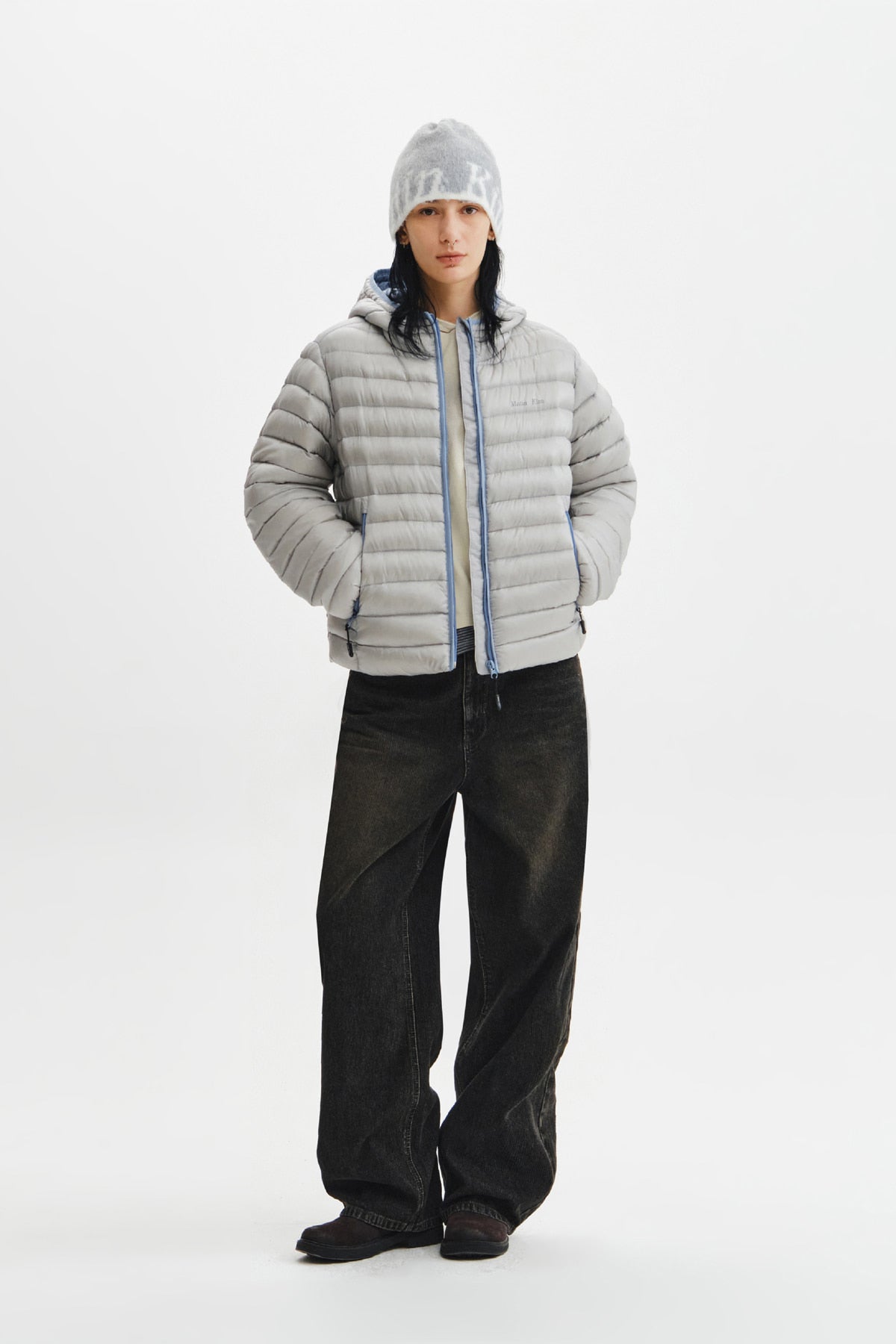 Matin Kim - Contrast Trim Light Down Hoody Jumper (Light Grey) product image 12 | TRAB K-Fashion Australia