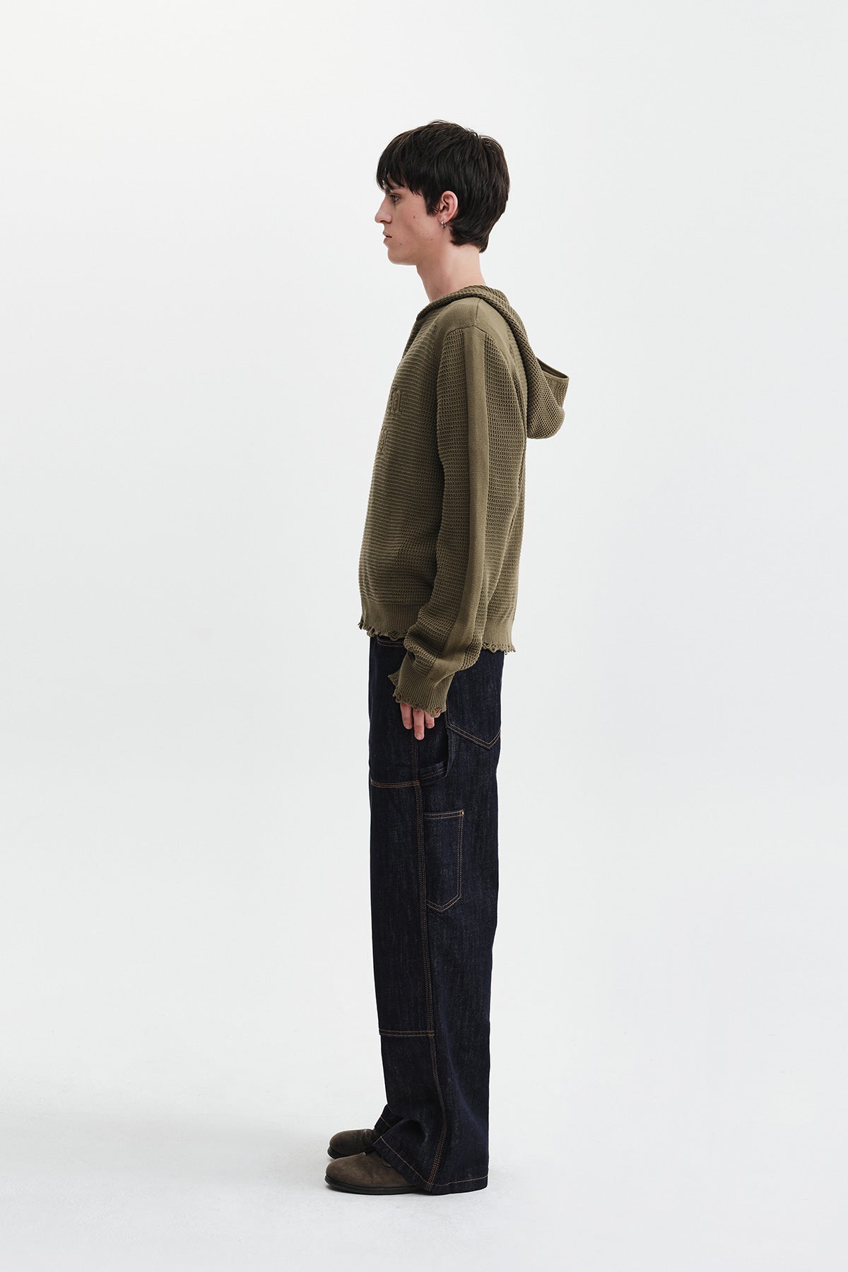 Matin Kim - Waffle Texture Hoody Knit Zip Up (Khaki) product image 7 | TRAB K-Fashion Australia
