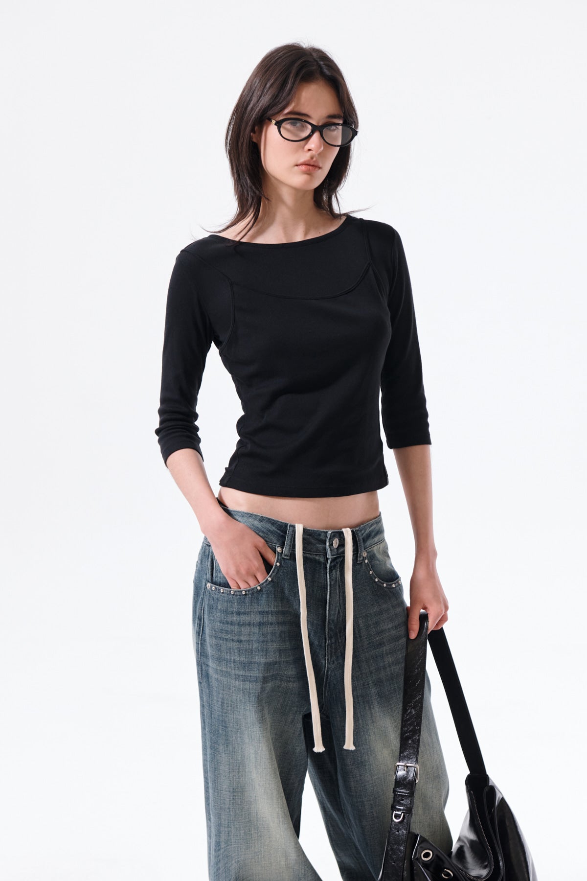 Matin Kim - 3/4 Sleeve Top & Tank Layered Set (Black) product image 13 | TRAB K-Fashion Australia