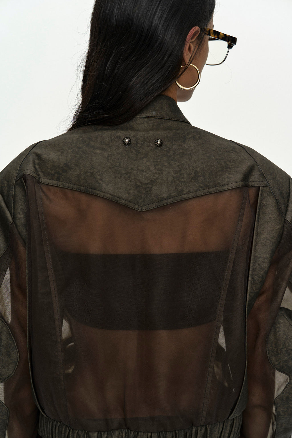 Andersson Bell - Kelly Faux-Leather & Sheer Rider Jacket (Khaki) product image 8 | TRAB K-Fashion Australia