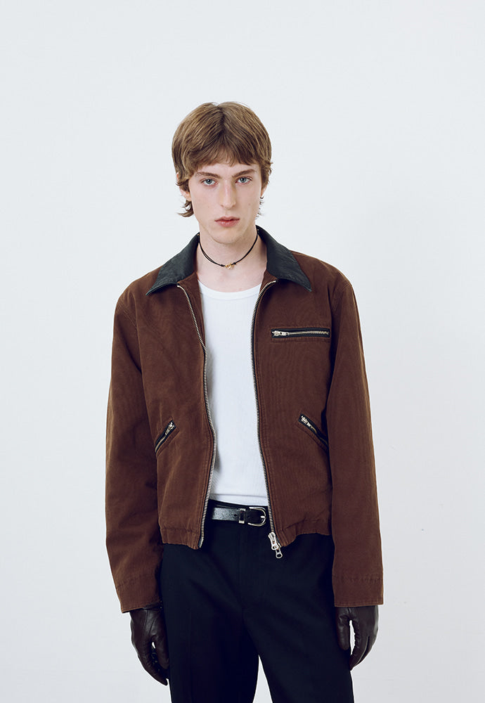 Tonywack - Leather Collar Garment-Washed Zip Work Jacket (Brown) product image 4 | TRAB K-Fashion Australia